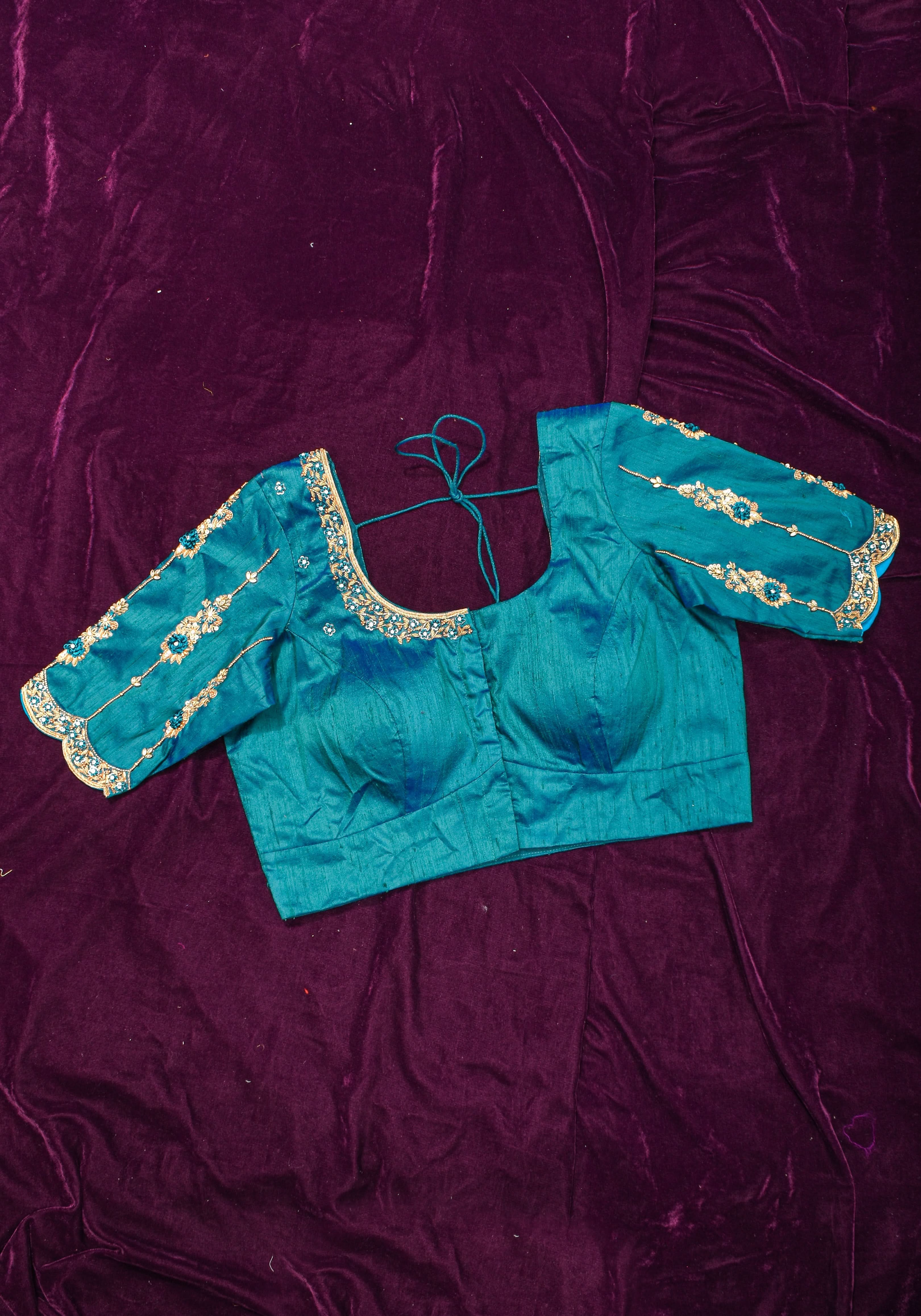 Made to Order: Peacock Blue Pure Raw Silk Blouse with Zardozi and Bead detailing | Shobitam