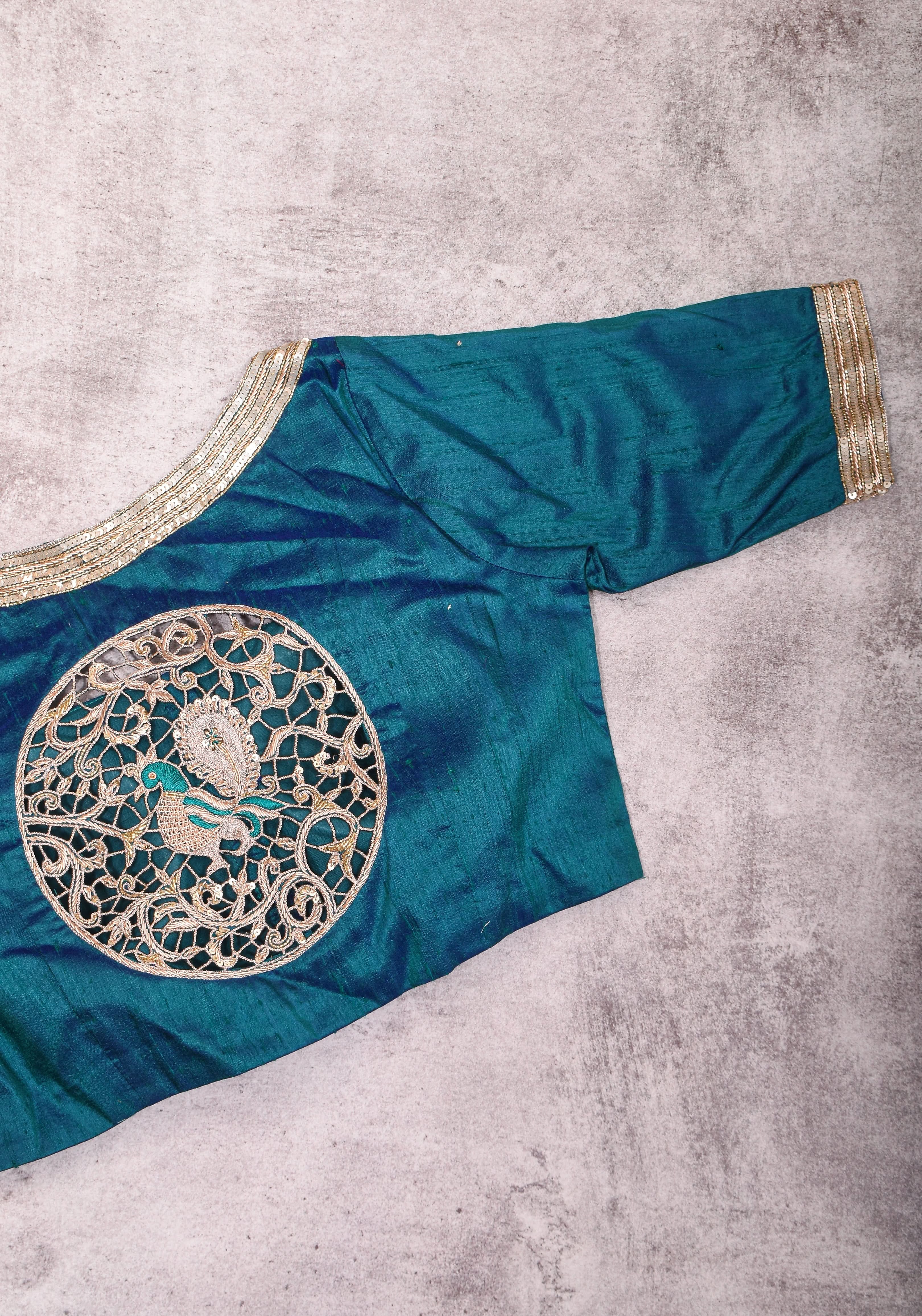 Peacock Blue Pure Raw Silk Blouse with Cutwork detailing, hand zardosi work, Made to Order | Shobitam