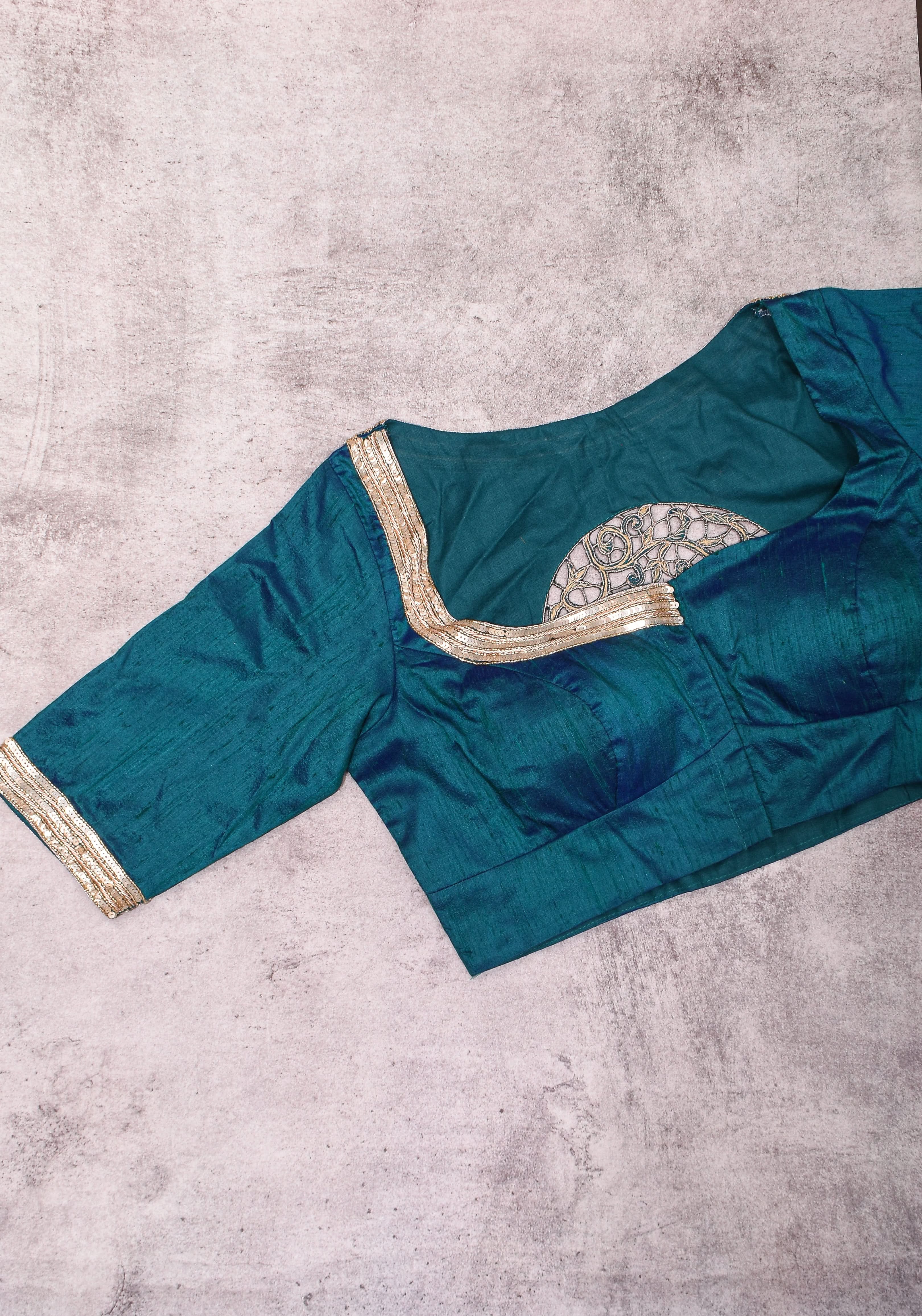Peacock Blue Pure Raw Silk Blouse with Cutwork detailing, hand zardosi work, Made to Order | Shobitam