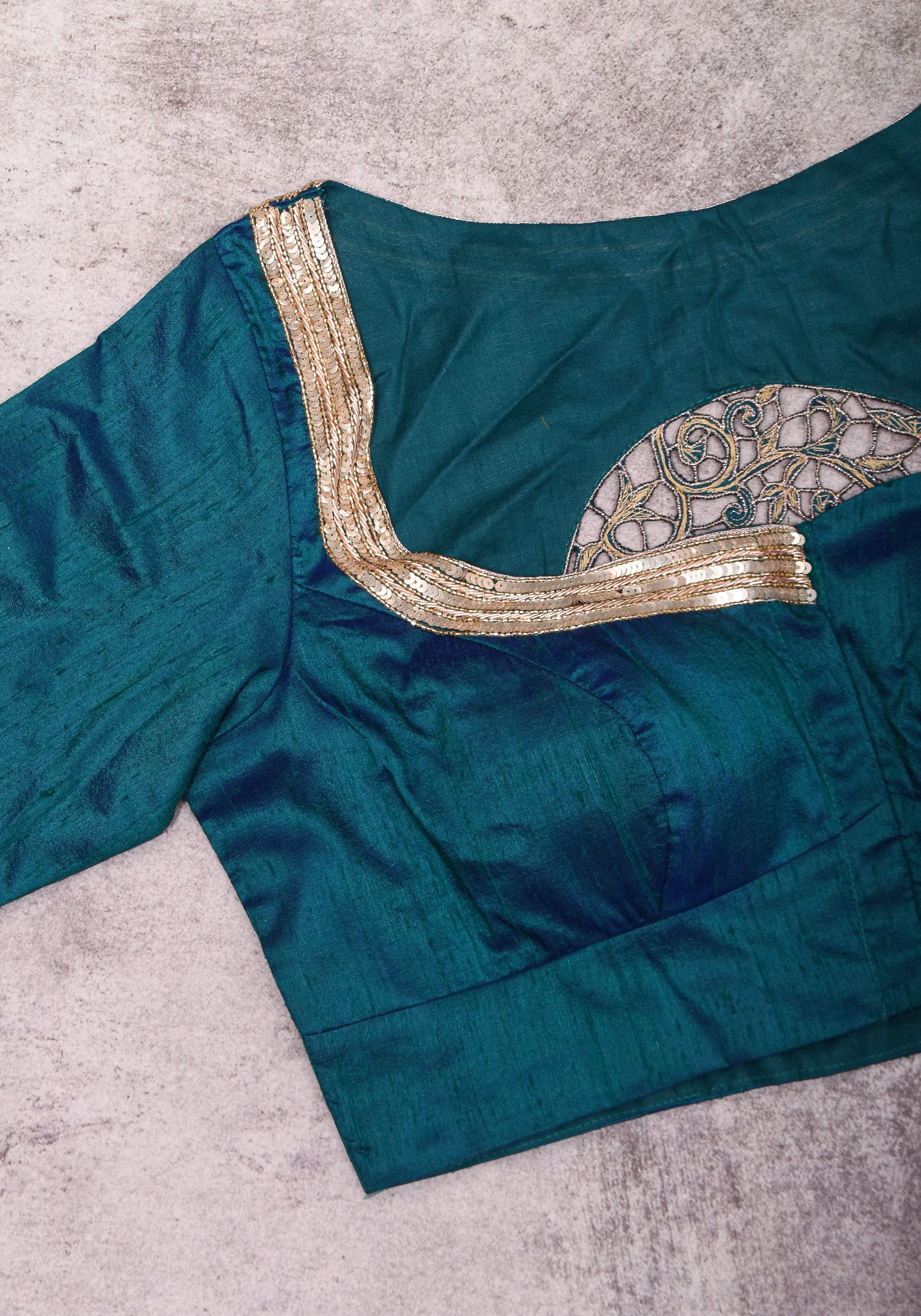 Peacock Blue Pure Raw Silk Blouse with Cutwork detailing, hand zardosi work, Made to Order | Shobitam