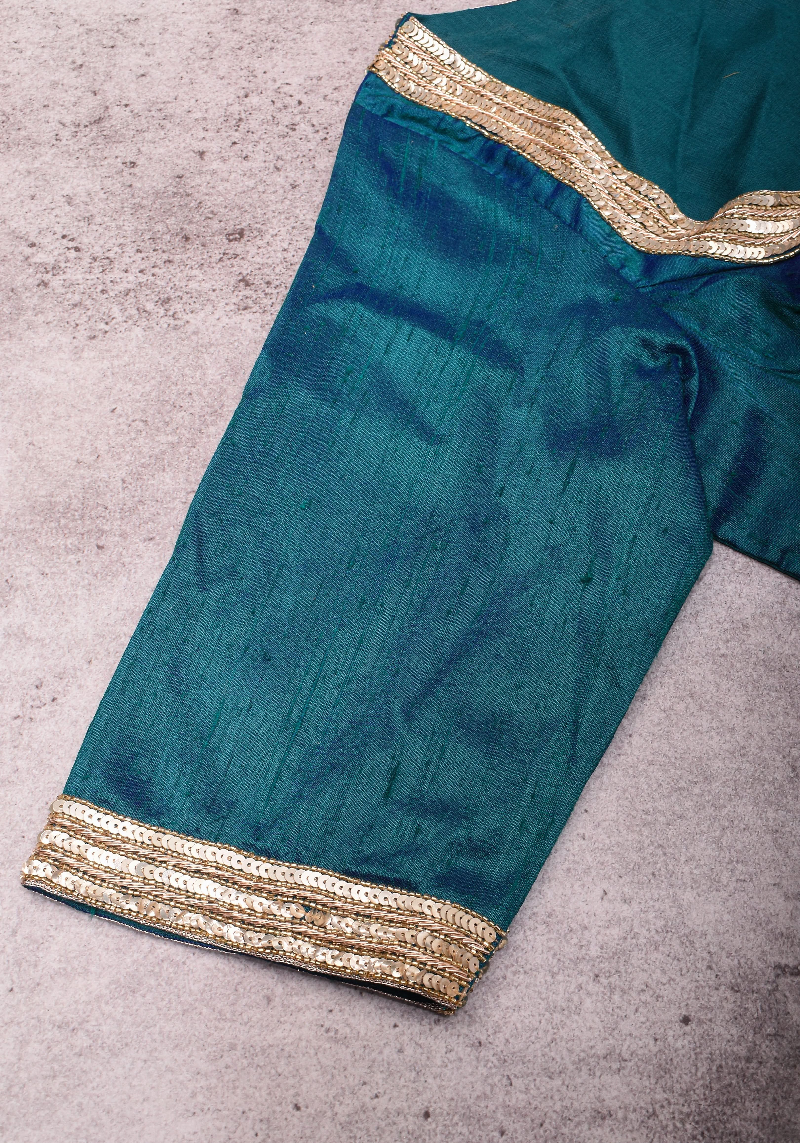 Peacock Blue Pure Raw Silk Blouse with Cutwork detailing, hand zardosi work, Made to Order | Shobitam