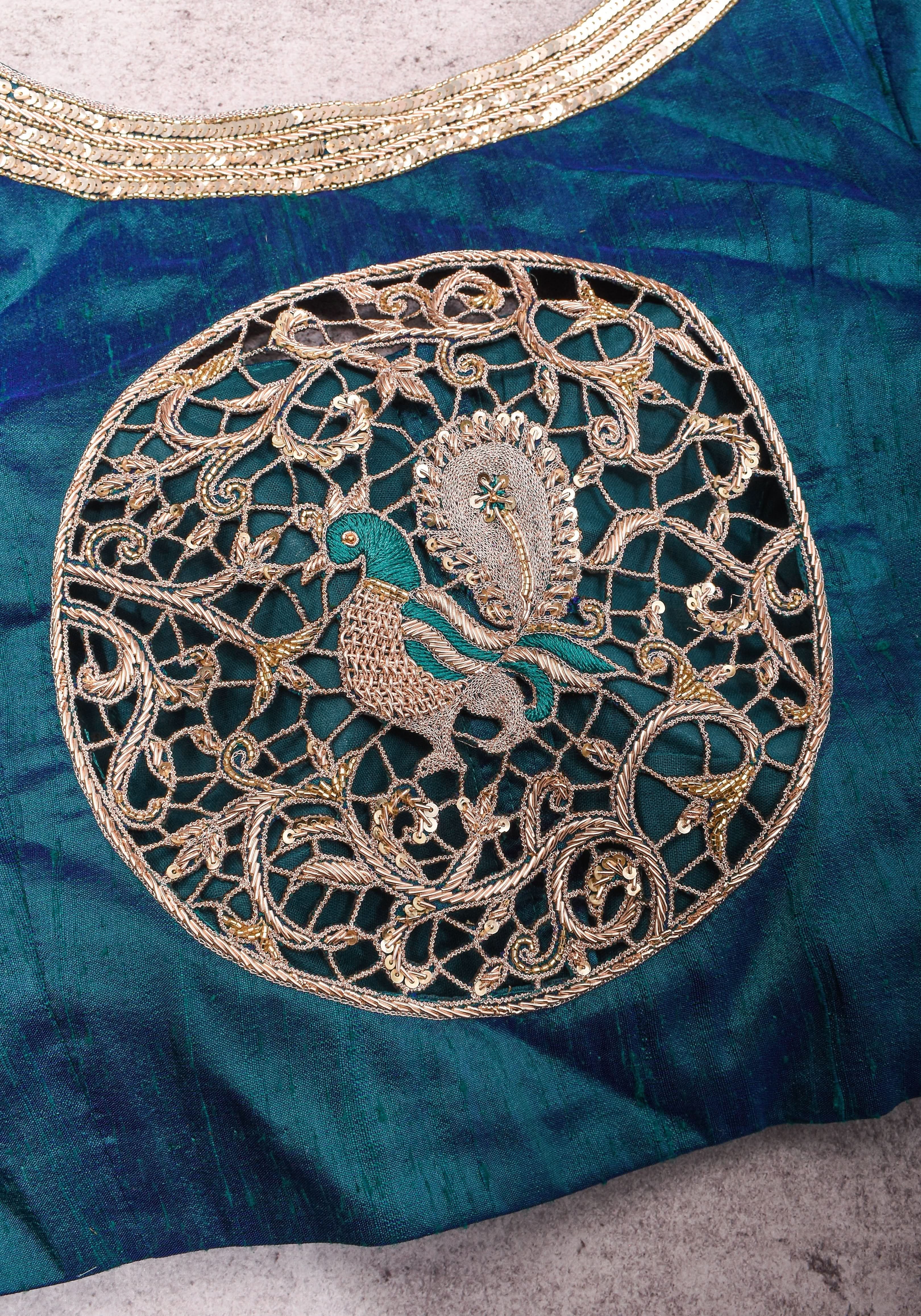 Peacock Blue Pure Raw Silk Blouse with Cutwork detailing, hand zardosi work, Made to Order | Shobitam