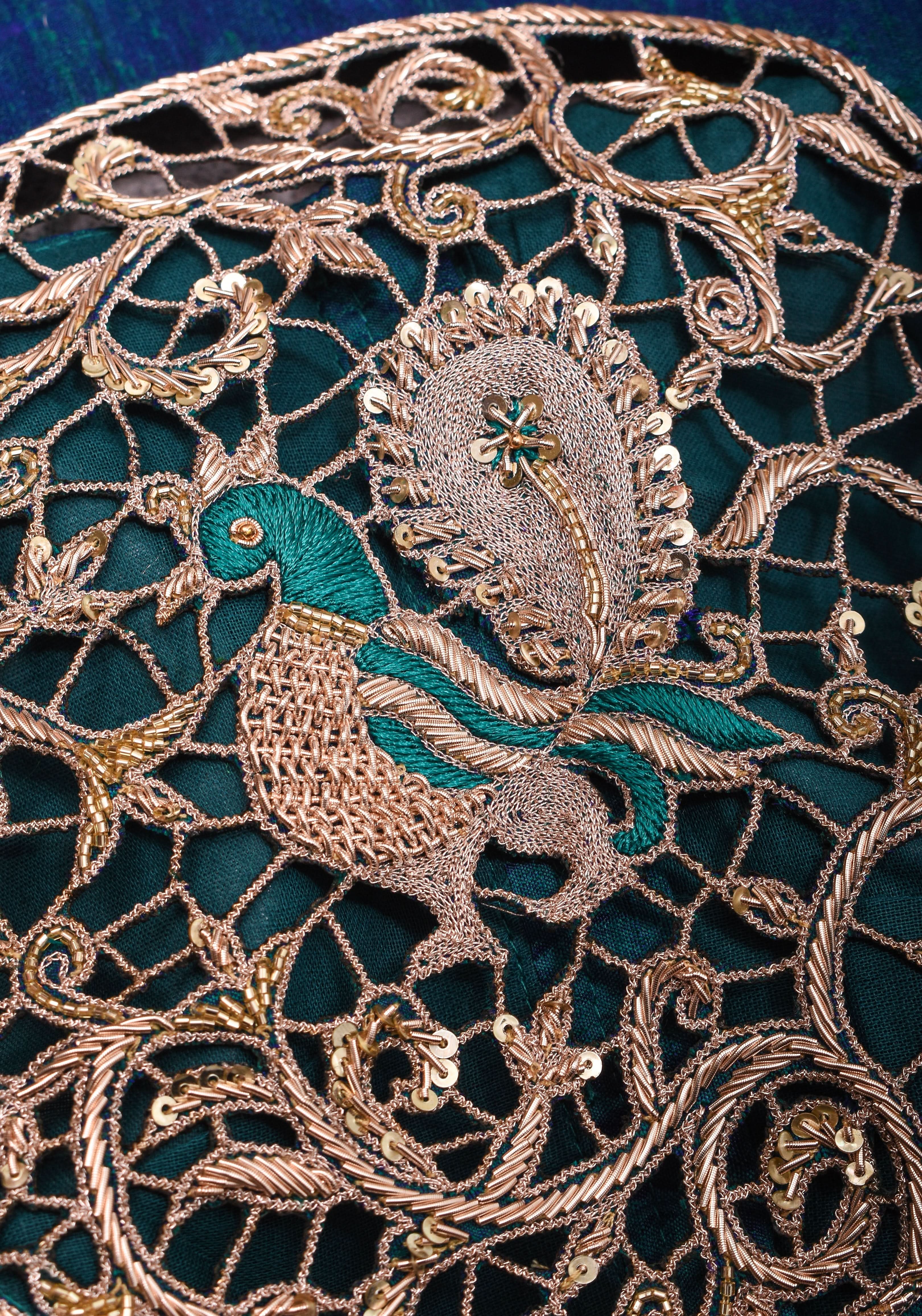 Peacock Blue Pure Raw Silk Blouse with Cutwork detailing, hand zardosi work, Made to Order | Shobitam