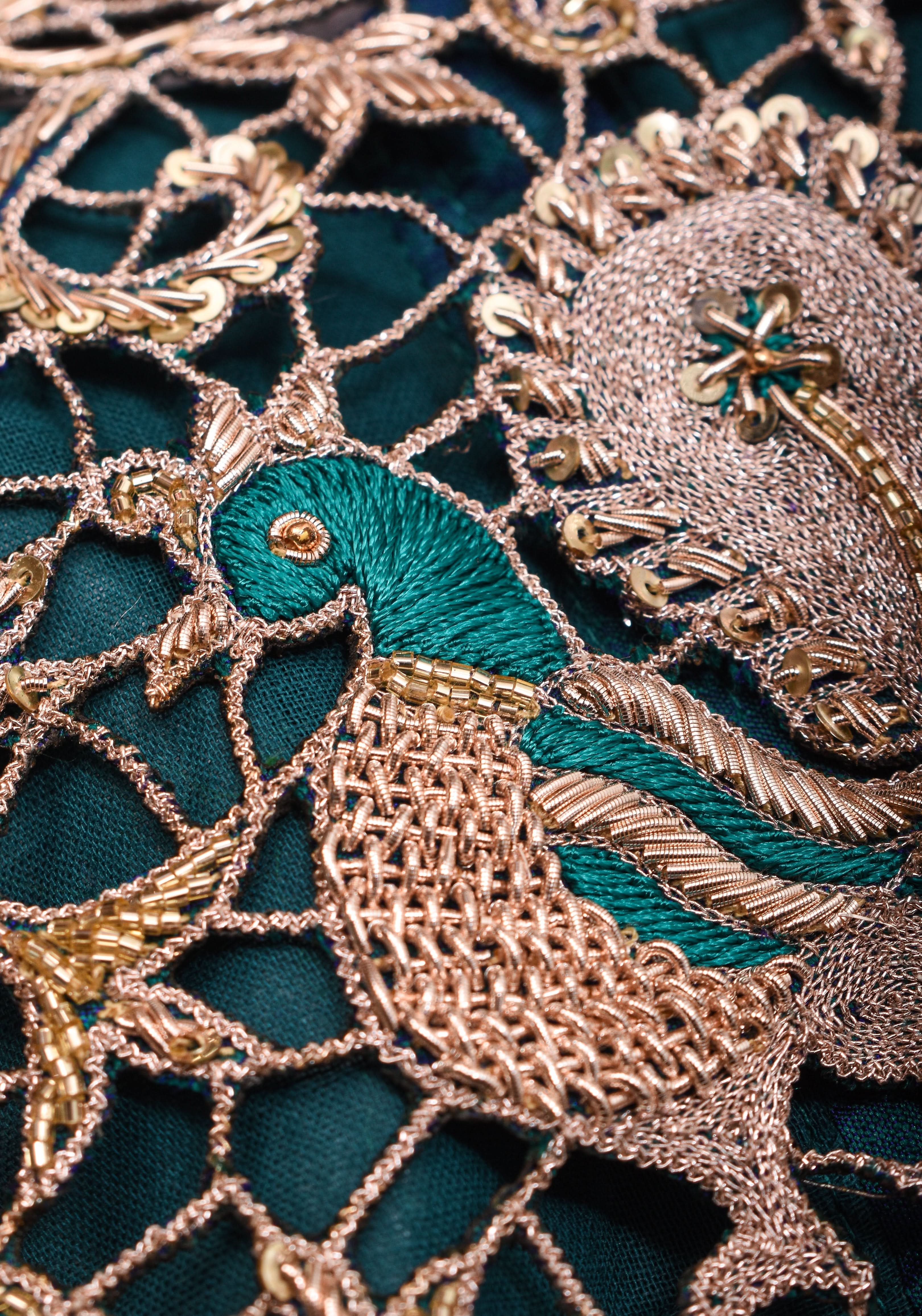 Peacock Blue Pure Raw Silk Blouse with Cutwork detailing, hand zardosi work, Made to Order | Shobitam