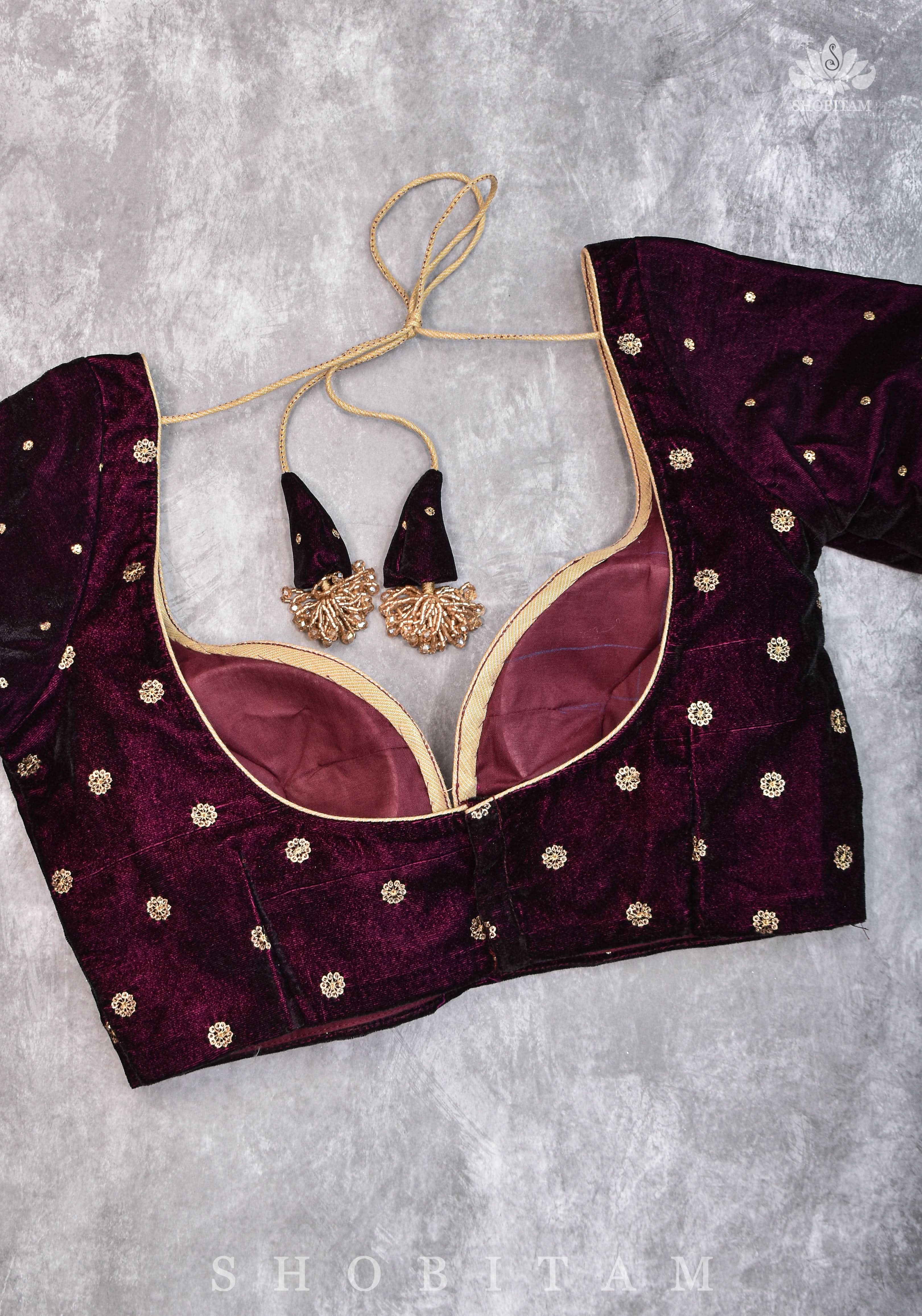 Burgundy velvet blouse with two size buttas, gotta detailing and cut dana latkans | Shobitam