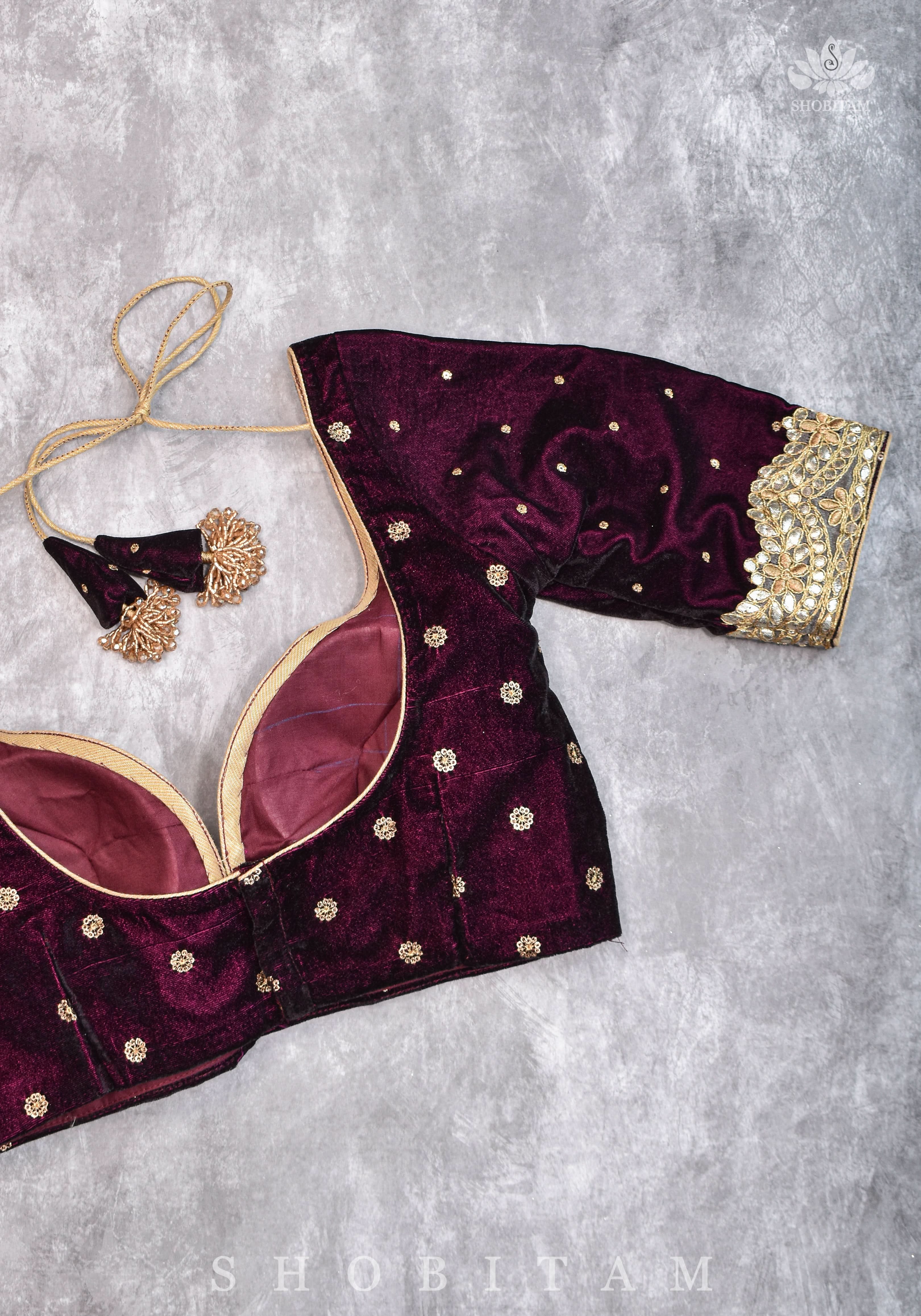 Burgundy velvet blouse with two size buttas, gotta detailing and cut dana latkans | Shobitam