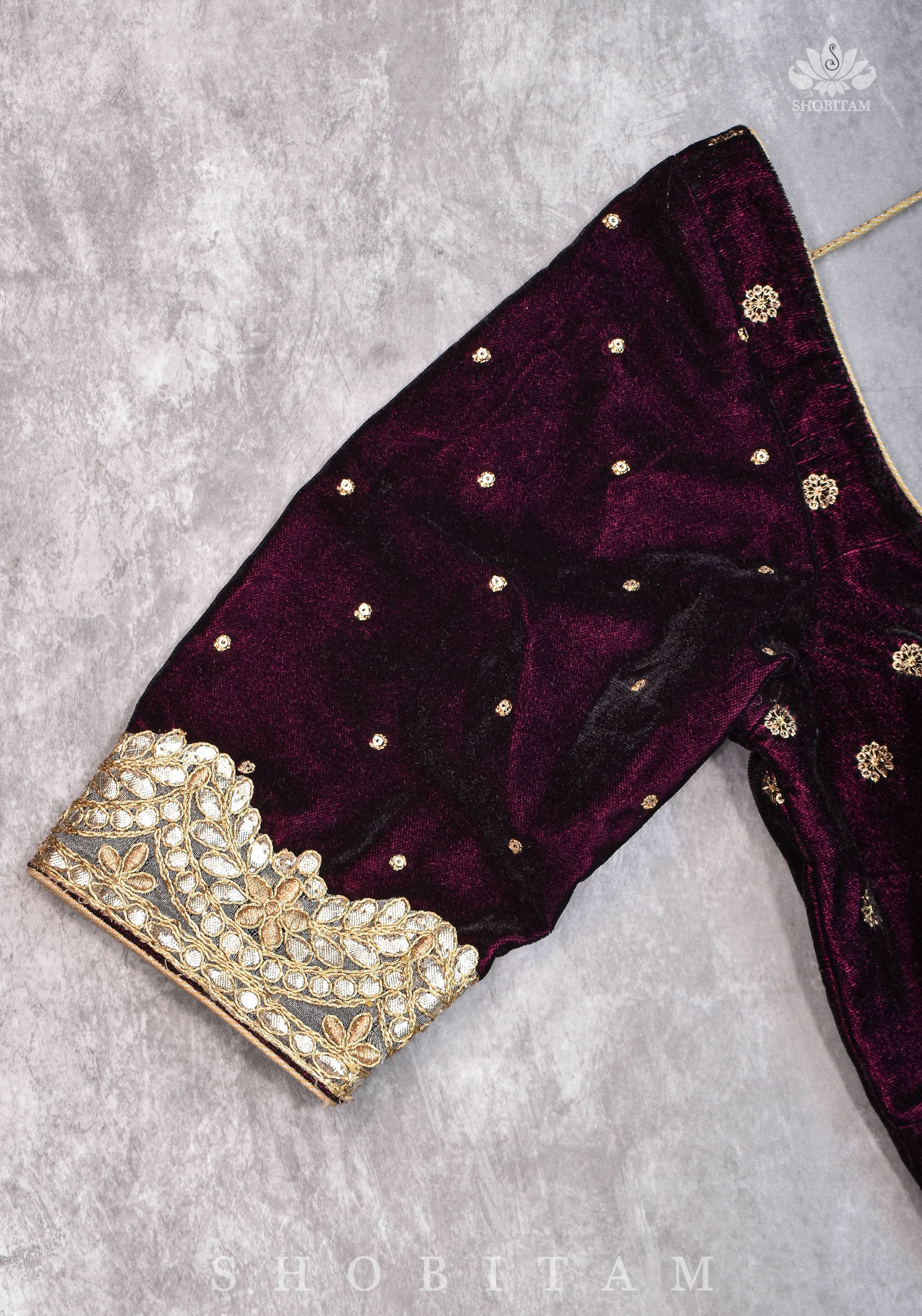 Burgundy velvet blouse with two size buttas, gotta detailing and cut dana latkans | Shobitam