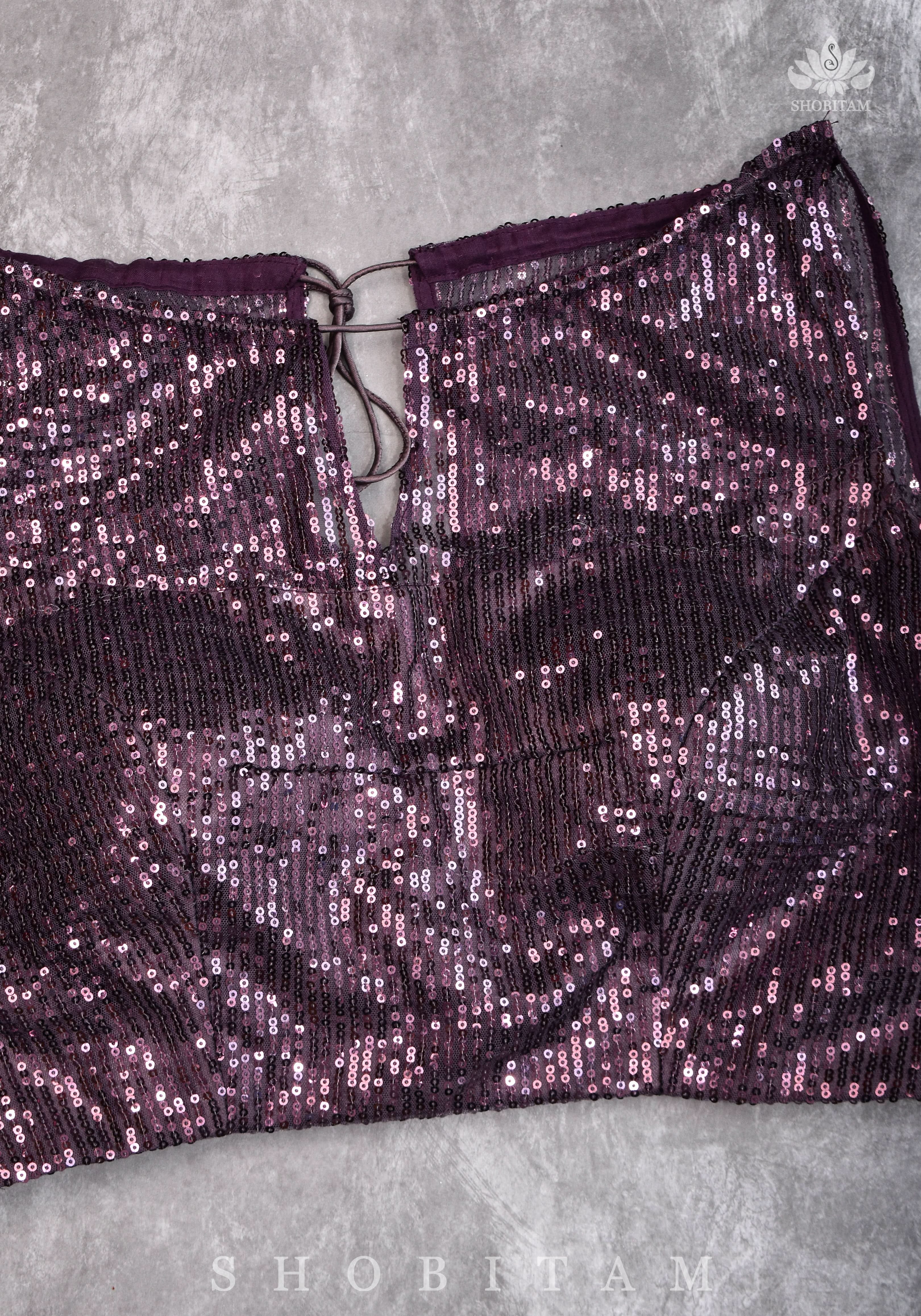 Stylish Amethyst Gathered Neck Blouse with self tone sequins and sheer yoke | Shobitam