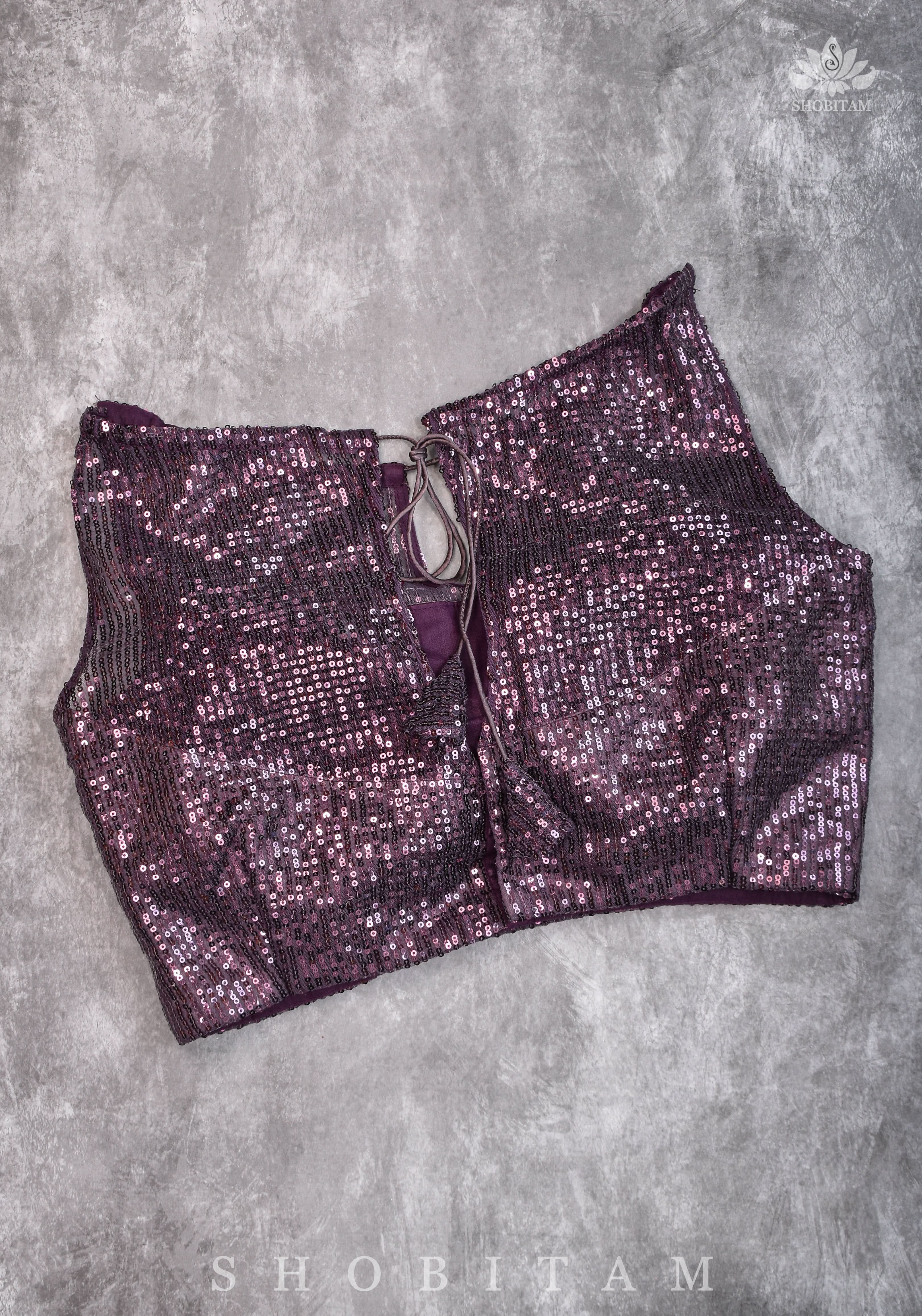 Stylish Amethyst Gathered Neck Blouse with self tone sequins and sheer yoke | Shobitam