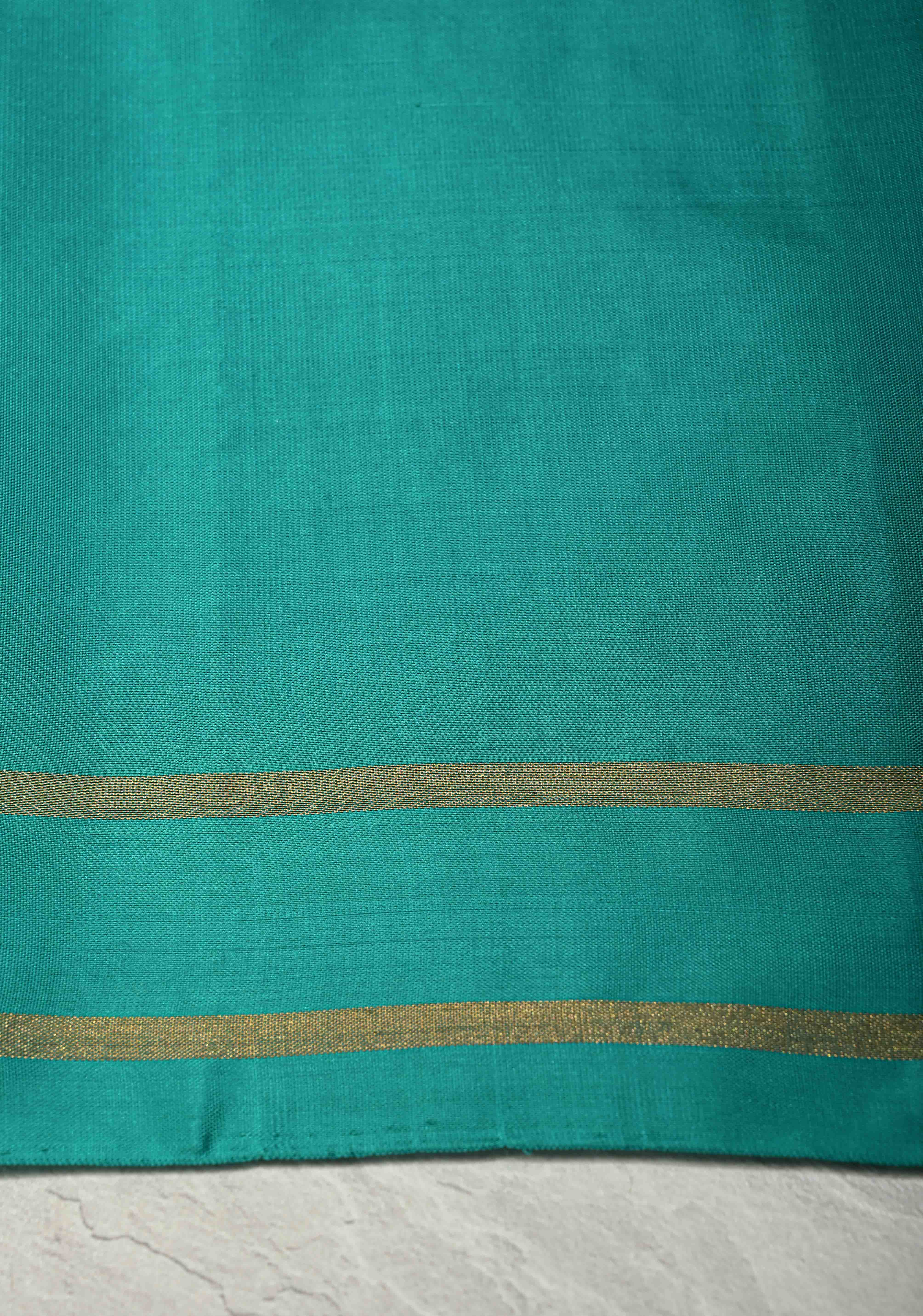 Deep Ink Blue Dual Tone Pure Kanjivaram Soft Silk Saree with Gold-Silver Zari Stripes and Contrast Rama Green Minimal Zari Border | SILK MARK CERTIFIED | Shobitam