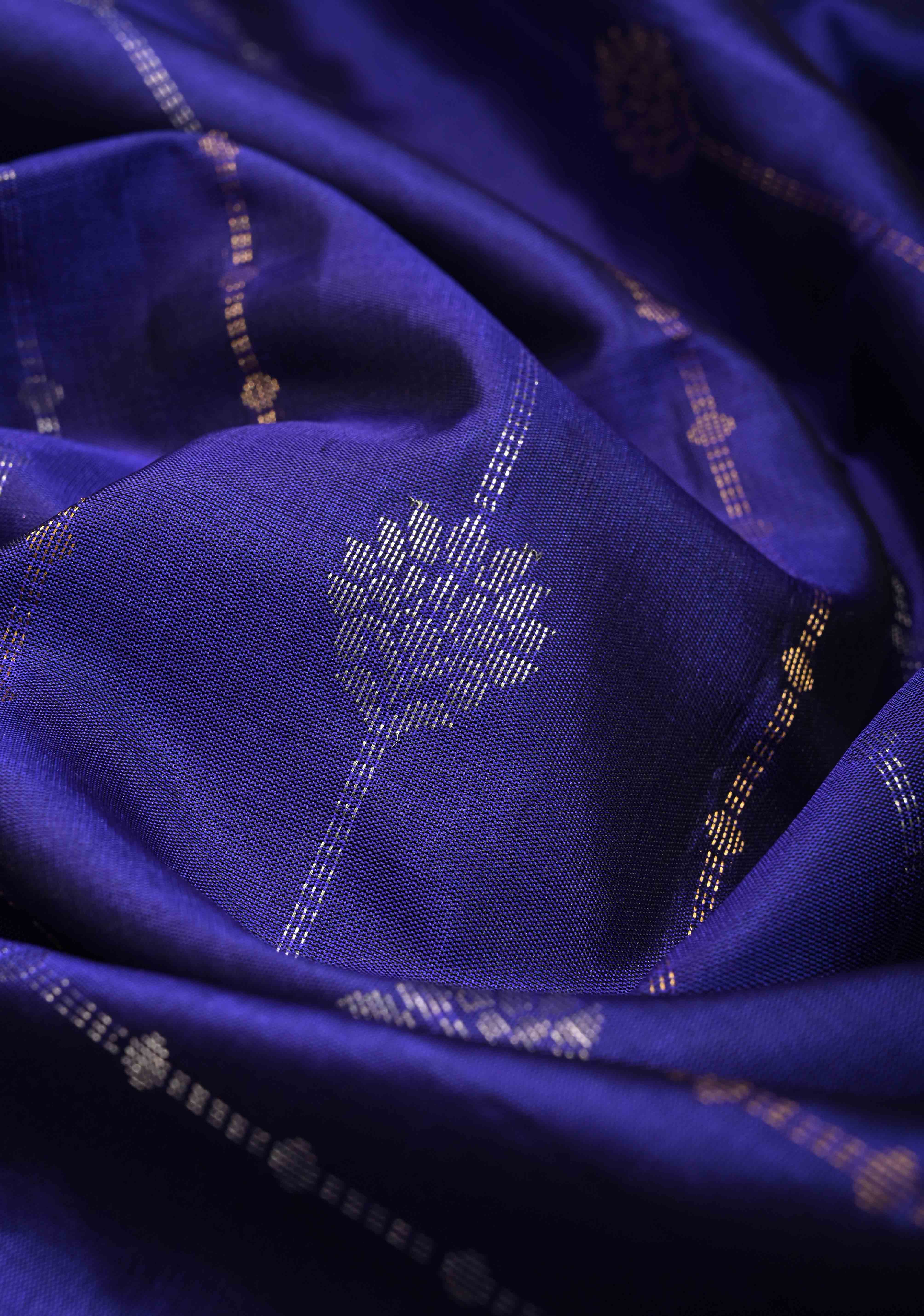 Deep Ink Blue Dual Tone Pure Kanjivaram Soft Silk Saree with Gold-Silver Zari Stripes and Contrast Rama Green Minimal Zari Border | SILK MARK CERTIFIED | Shobitam