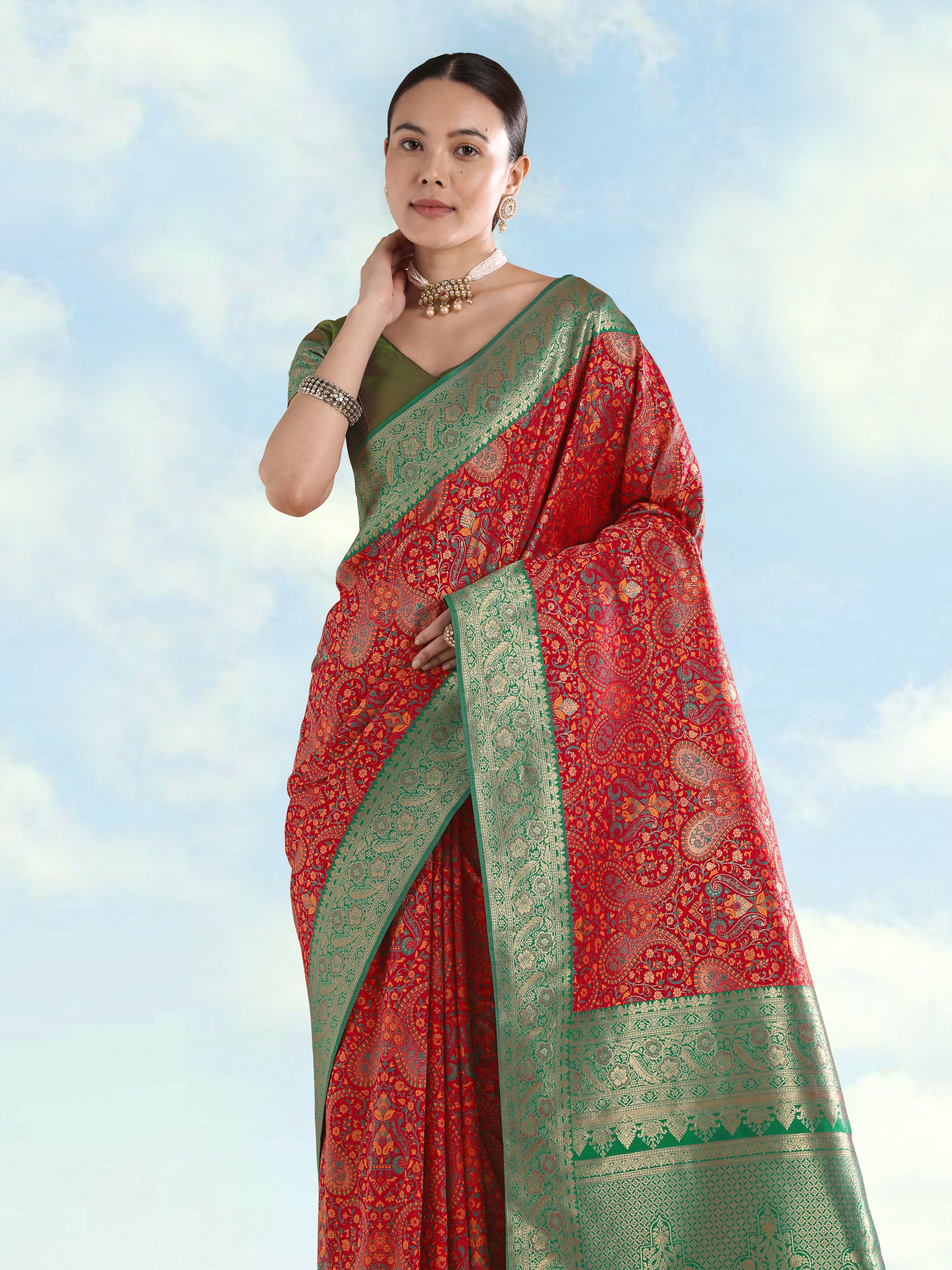 Red Banarasi Semi Silk Saree With Traditional Paisley Weaves | Shobitam