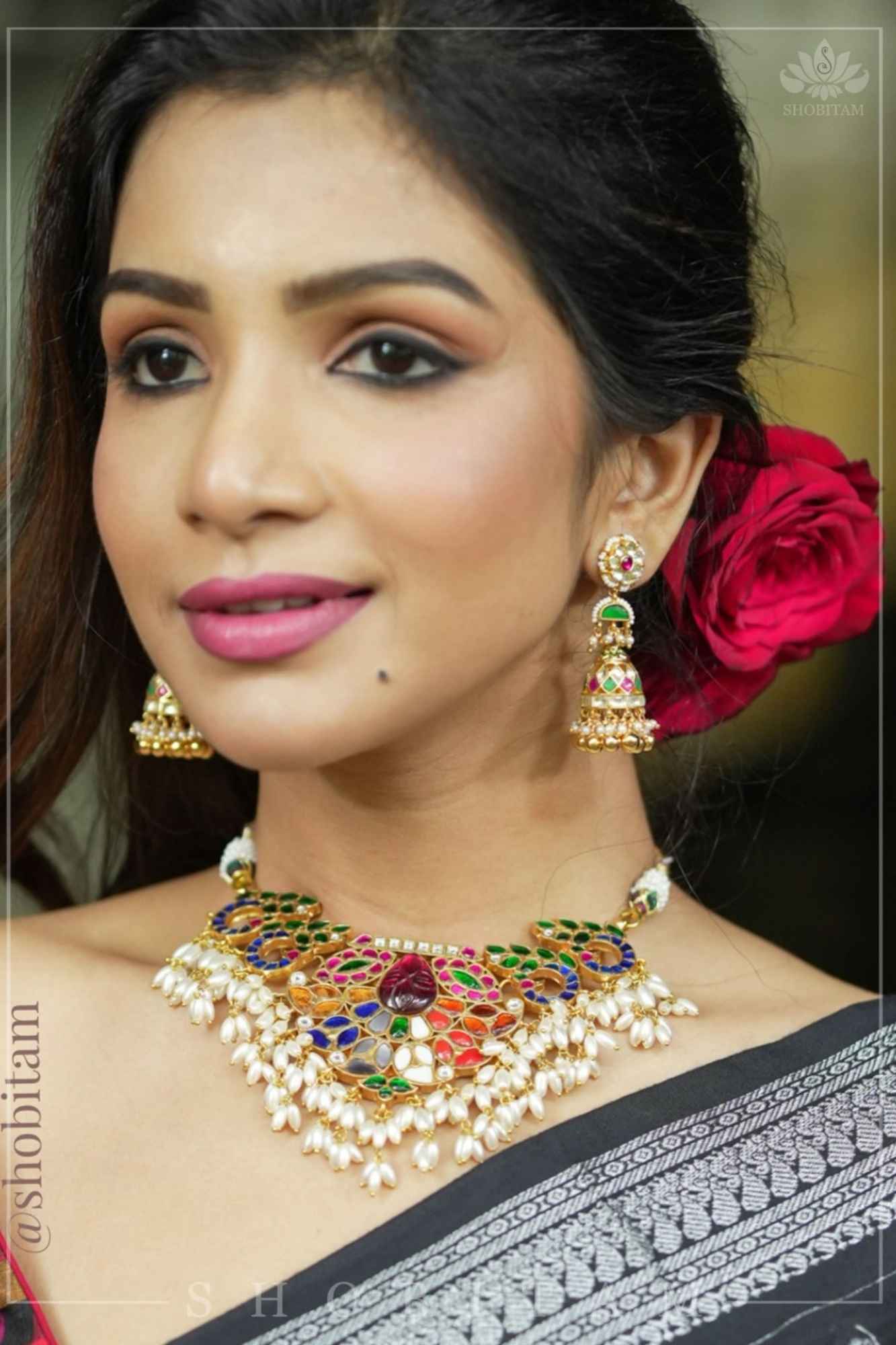 Exquisite Navaratna Vintage Design Necklace with dangling Rice Pearls,