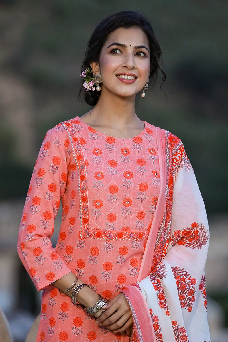 Pink Cotton Straight Suit Set | SHOBITAM