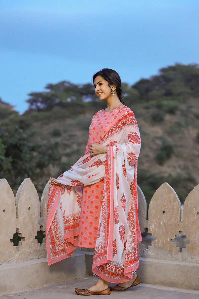 Pink Cotton Straight Suit Set | SHOBITAM