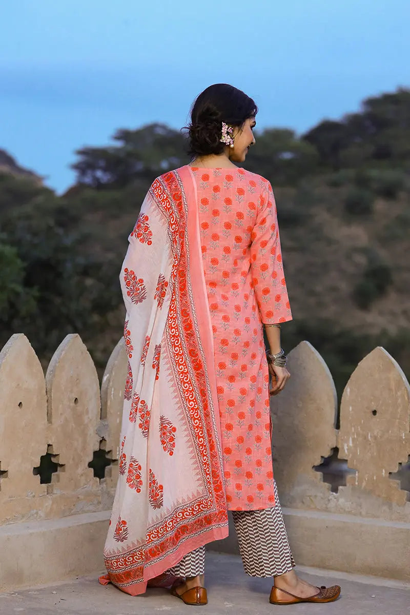 Pink Cotton Straight Suit Set | SHOBITAM