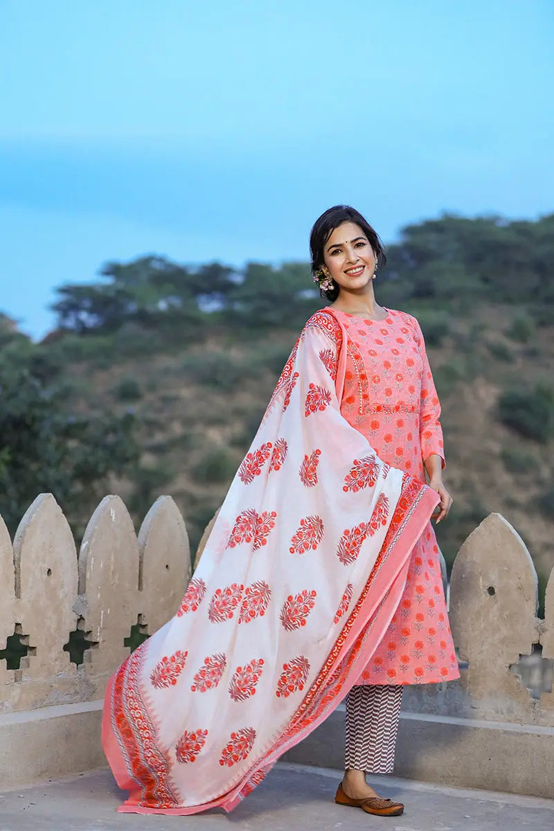 Pink Cotton Straight Suit Set | SHOBITAM