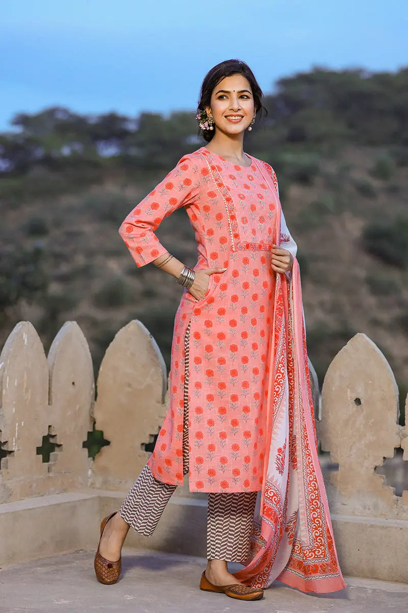 Pink Cotton Straight Suit Set | SHOBITAM