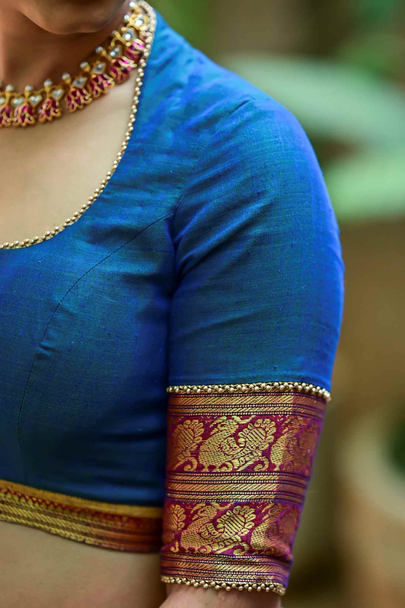 Blue sapphire pot neck blouse in Narayanpet cotton