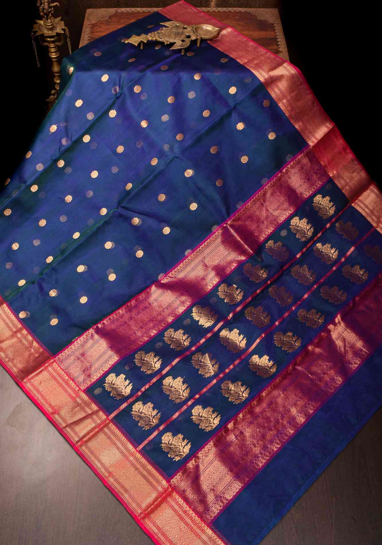 Bhagyashree Exquisite Chanderi Silk Saree in Peacock Blue Dualtone with Zari Buttas and Zari Borders