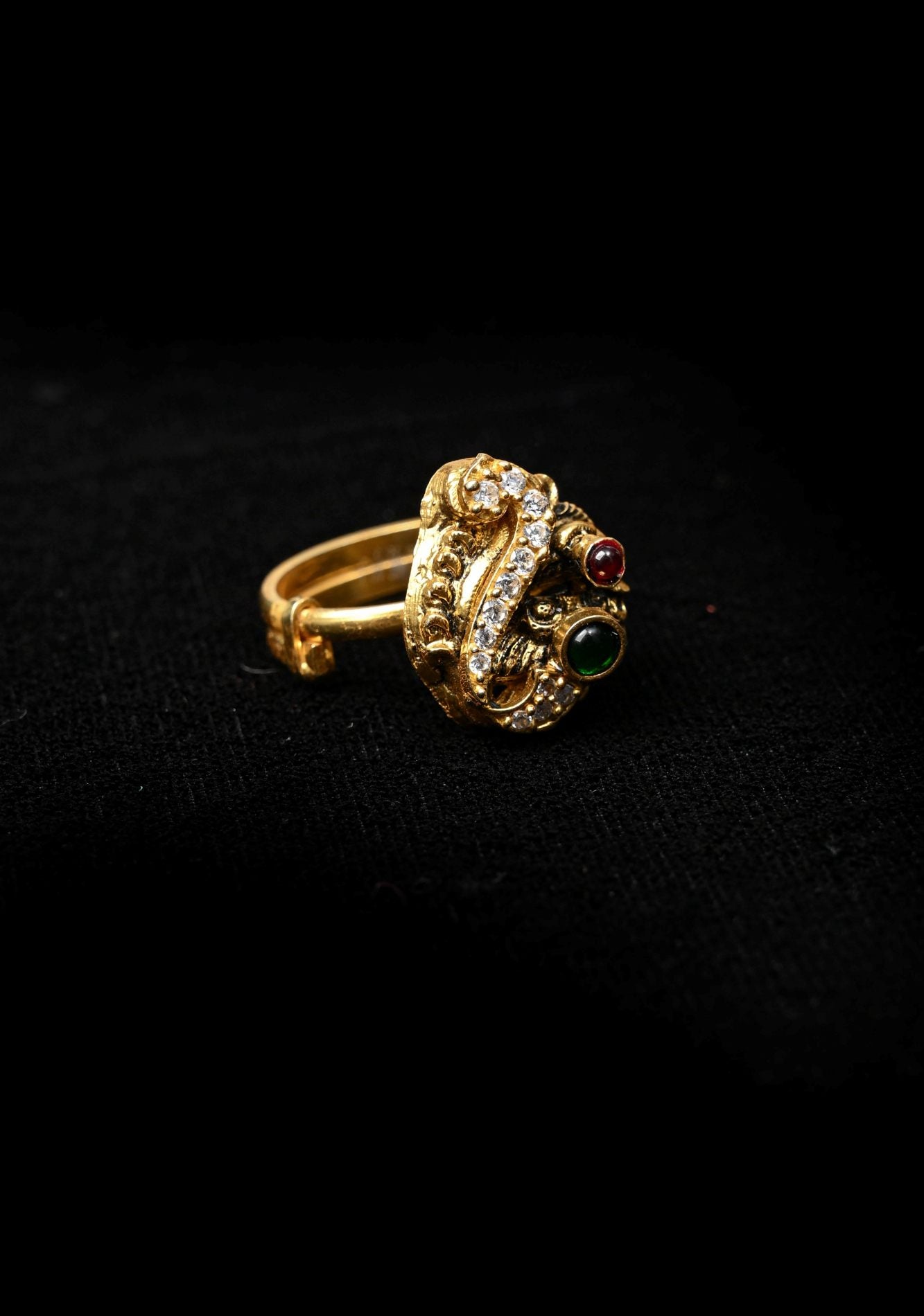 Bhagyashree 92.5 Silver, Gold-Plated Temple Style Gold Adjustable Ring with stone  Accents
