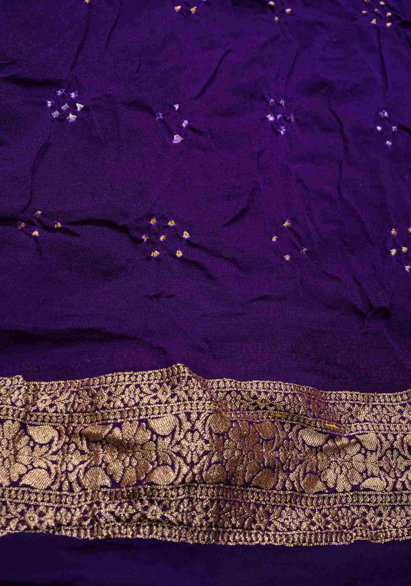 Authentic Rainbow Hand Bandhej Banarasi Jaal Silk Georgette Saree with Purple Zari Border | SILK MARK CERTIFIED Ready To Wear Saree