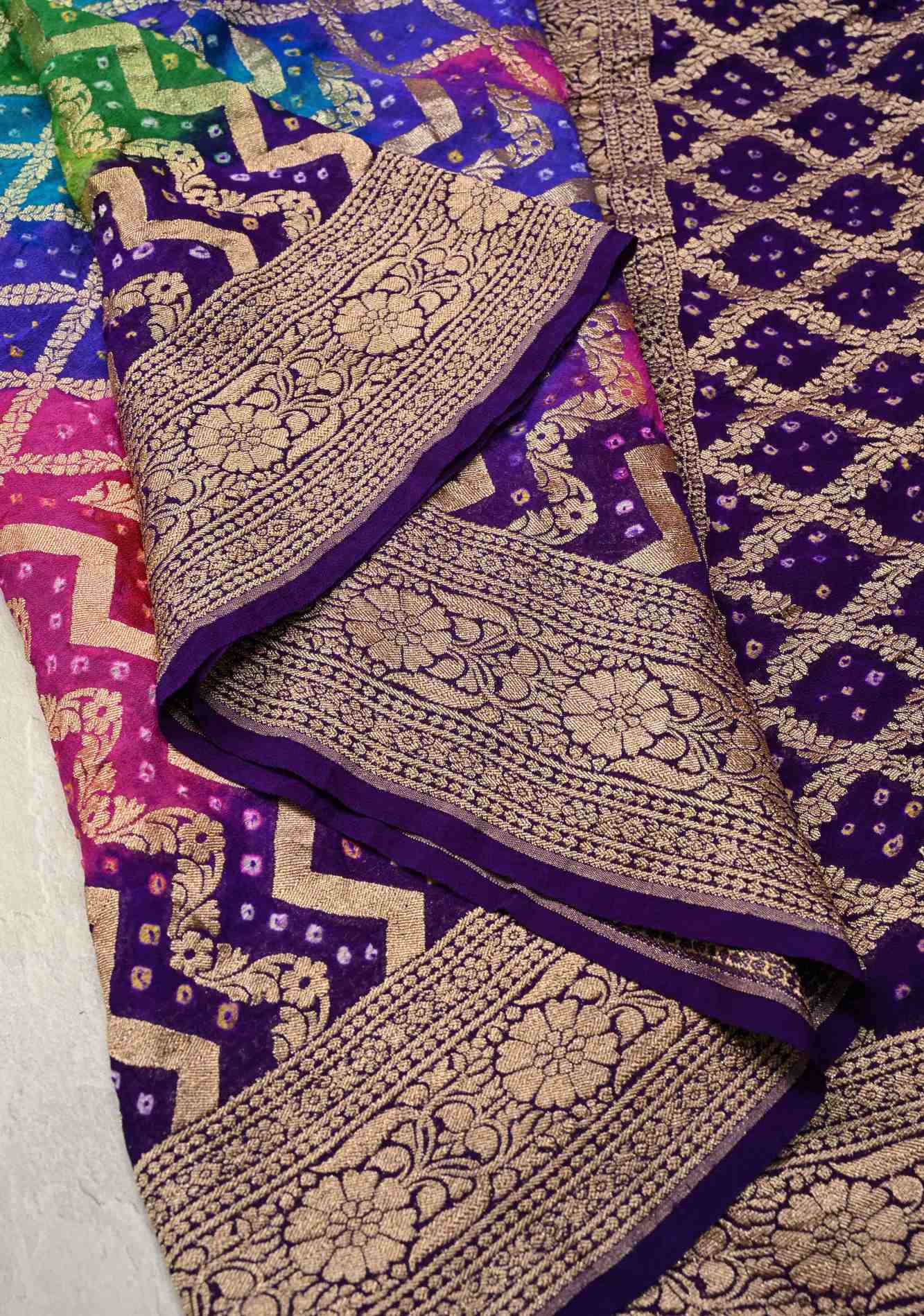 Authentic Rainbow Hand Bandhej Banarasi Jaal Silk Georgette Saree with Purple Zari Border | SILK MARK CERTIFIED Ready To Wear Saree