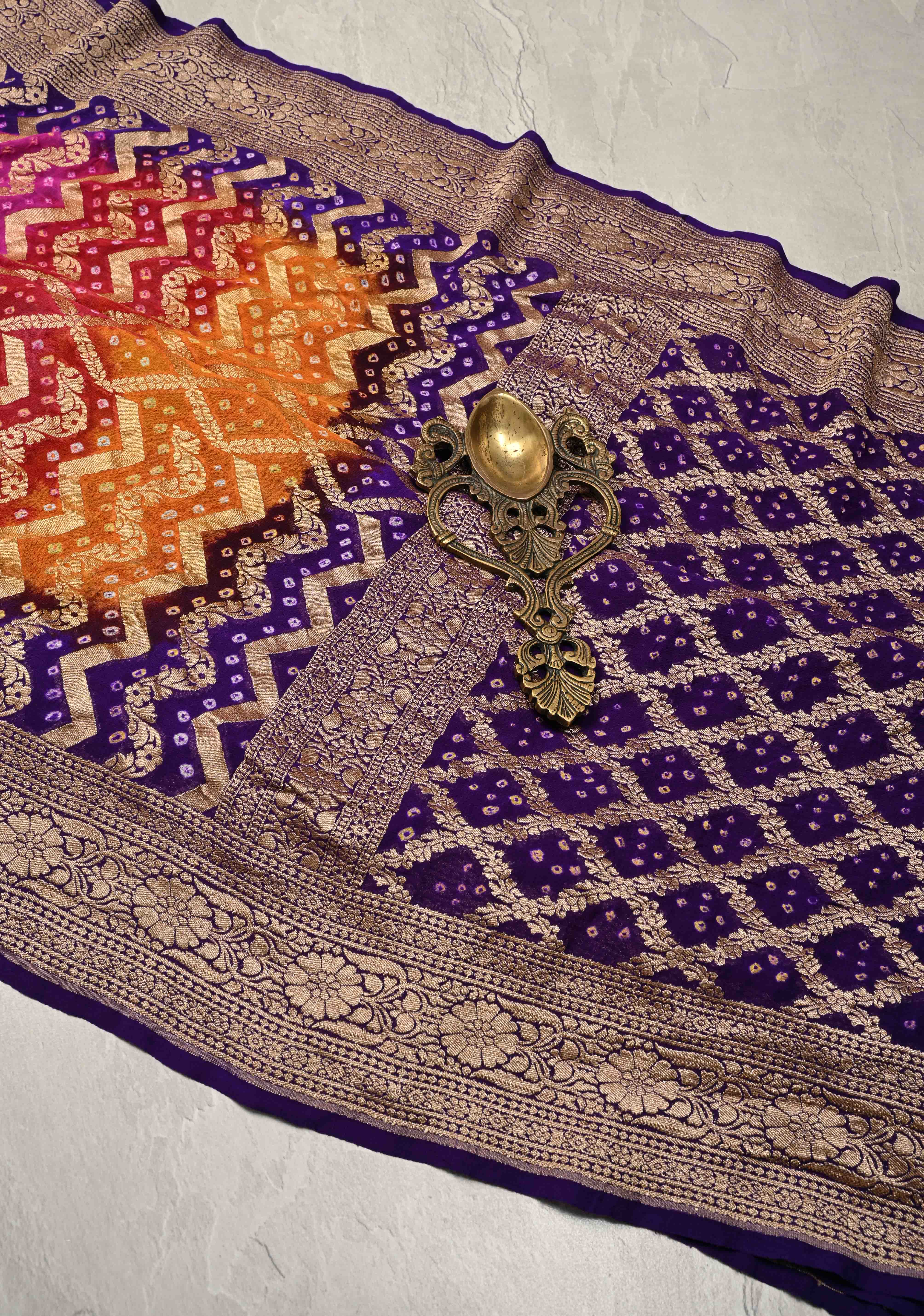 Authentic Rainbow Hand Bandhej Banarasi Jaal Silk Georgette Saree with Purple Zari Border | SILK MARK CERTIFIED