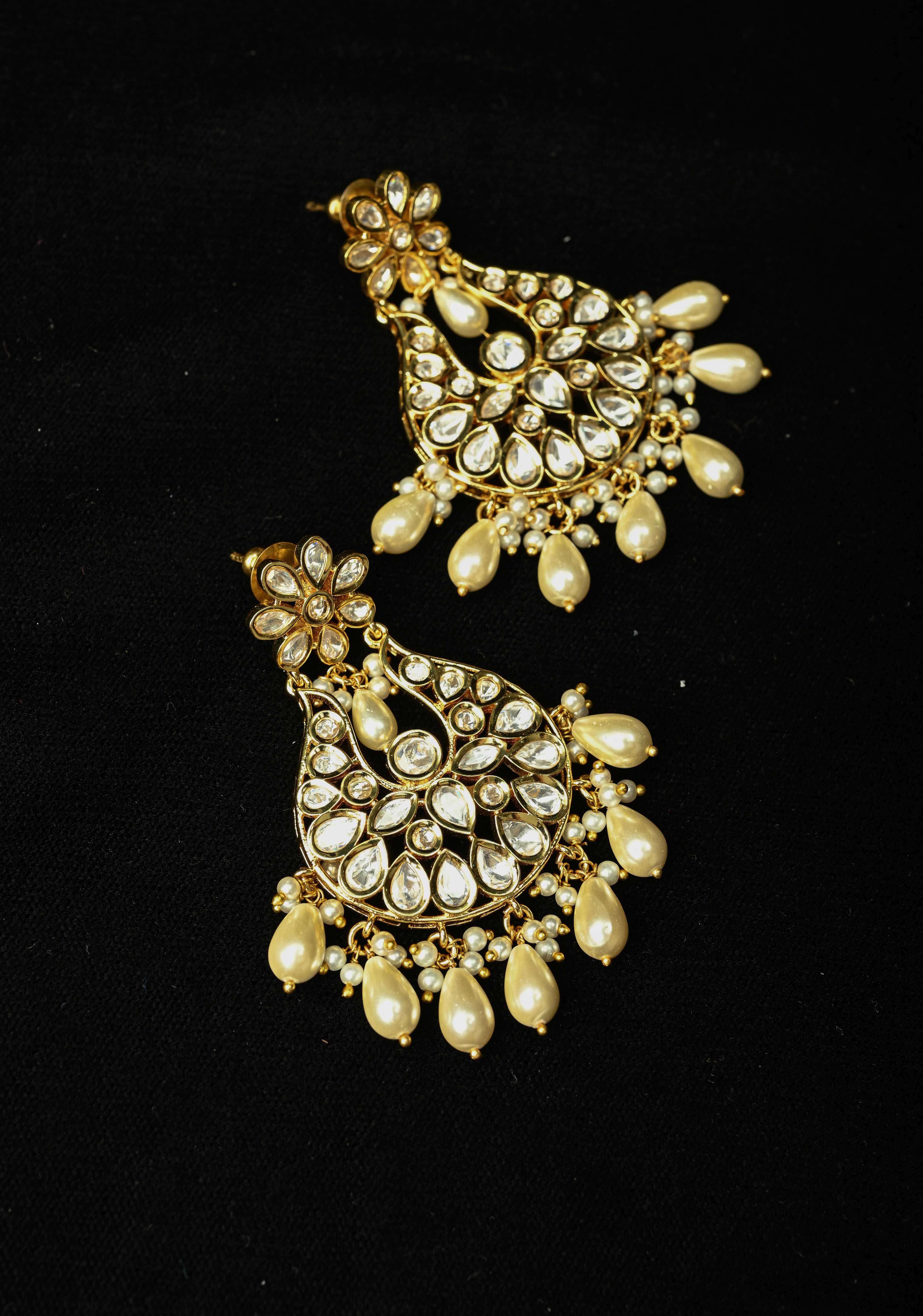 jaipuri Chandbali earrings with handset White Kundan | Shobitam