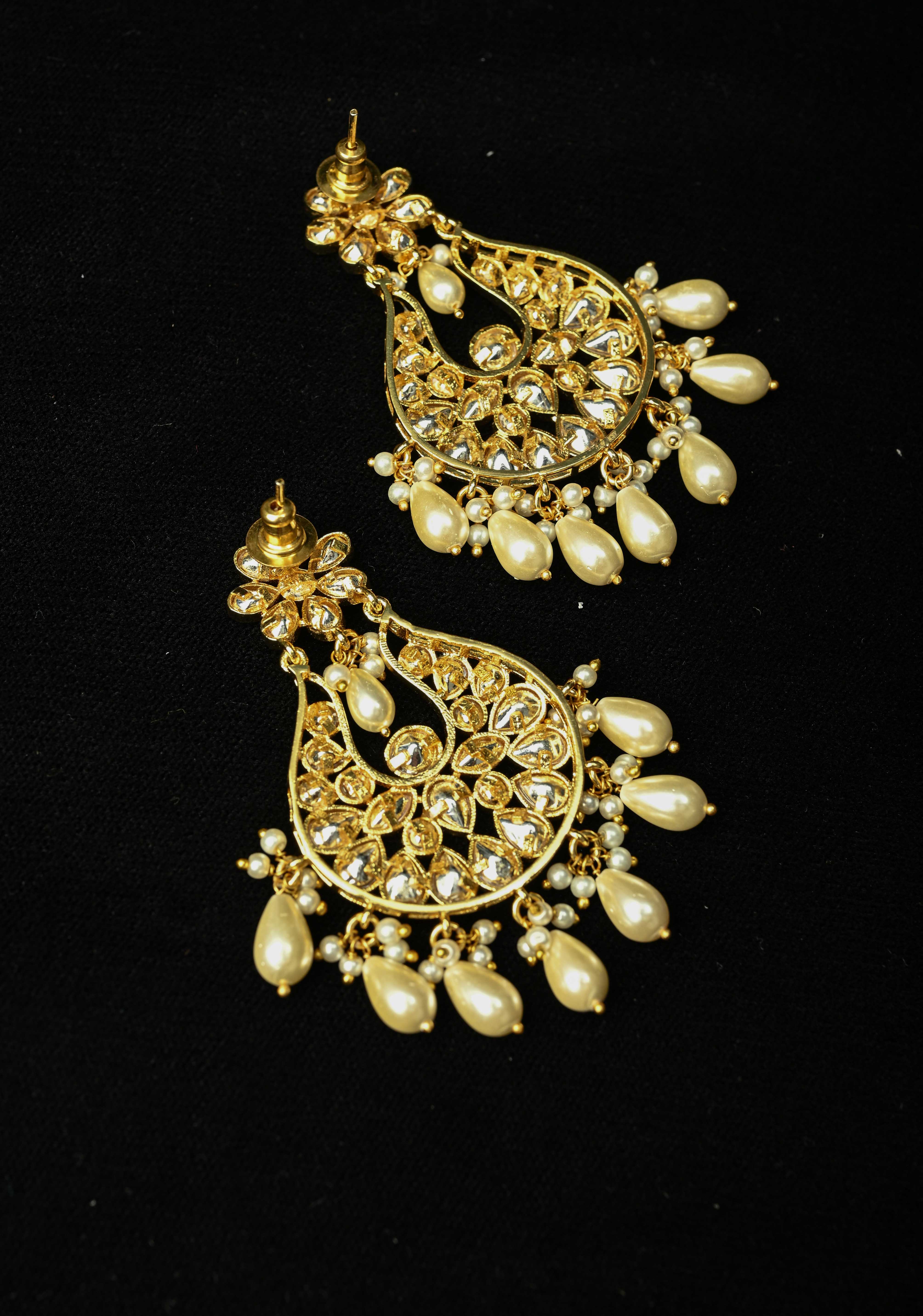 jaipuri Chandbali earrings with handset White Kundan | Shobitam
