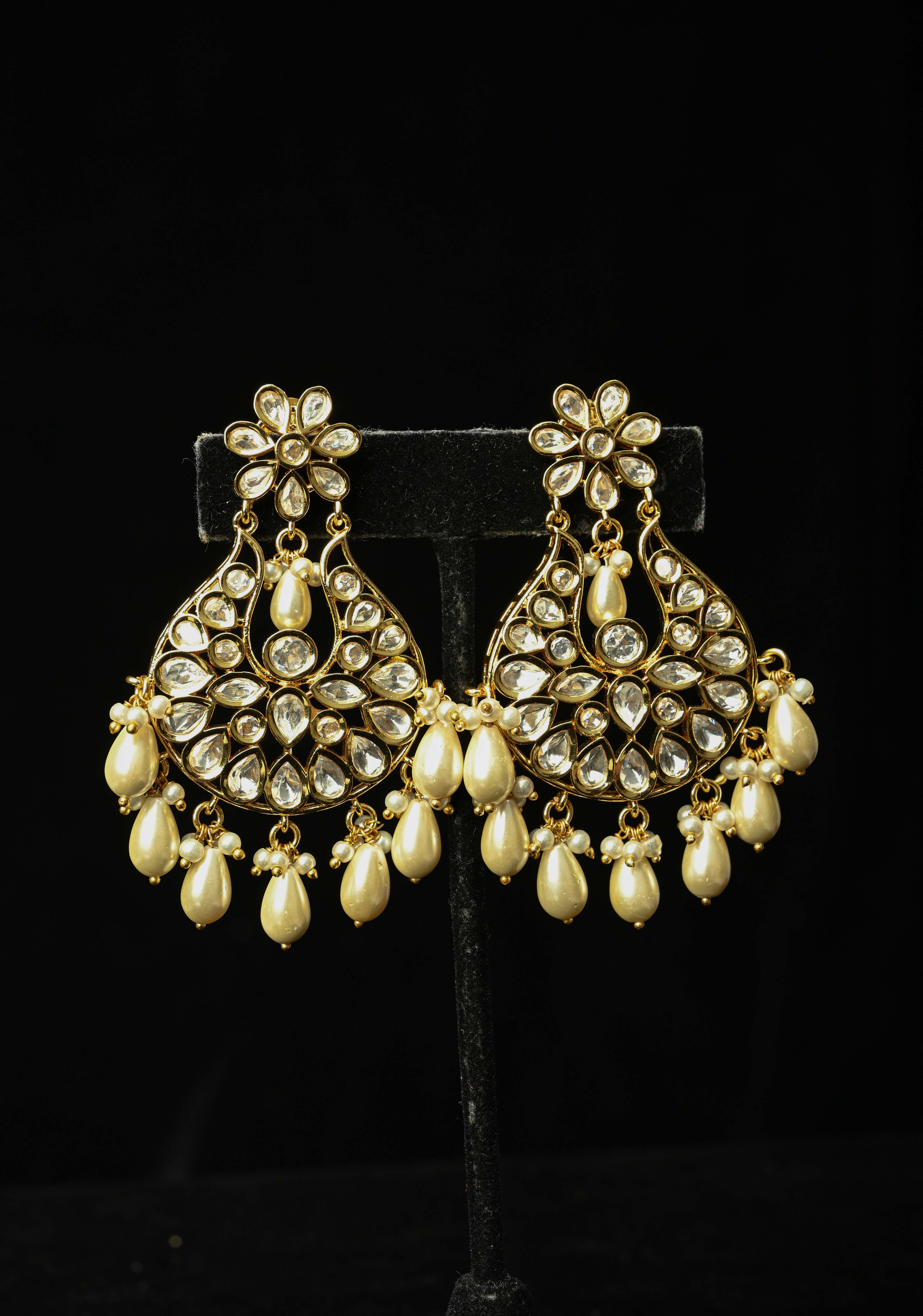 jaipuri Chandbali earrings with handset White Kundan | Shobitam