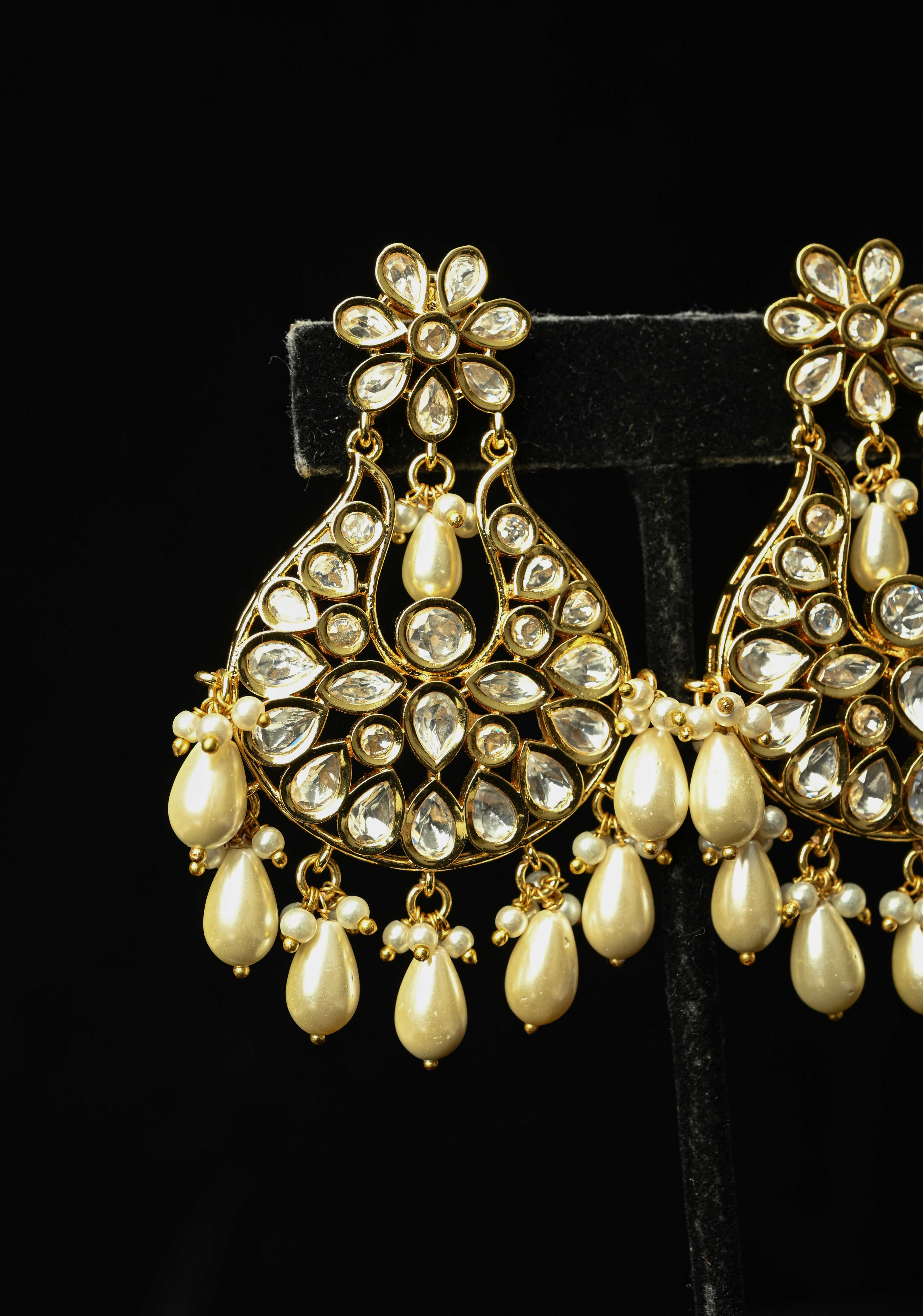 jaipuri Chandbali earrings with handset White Kundan | Shobitam