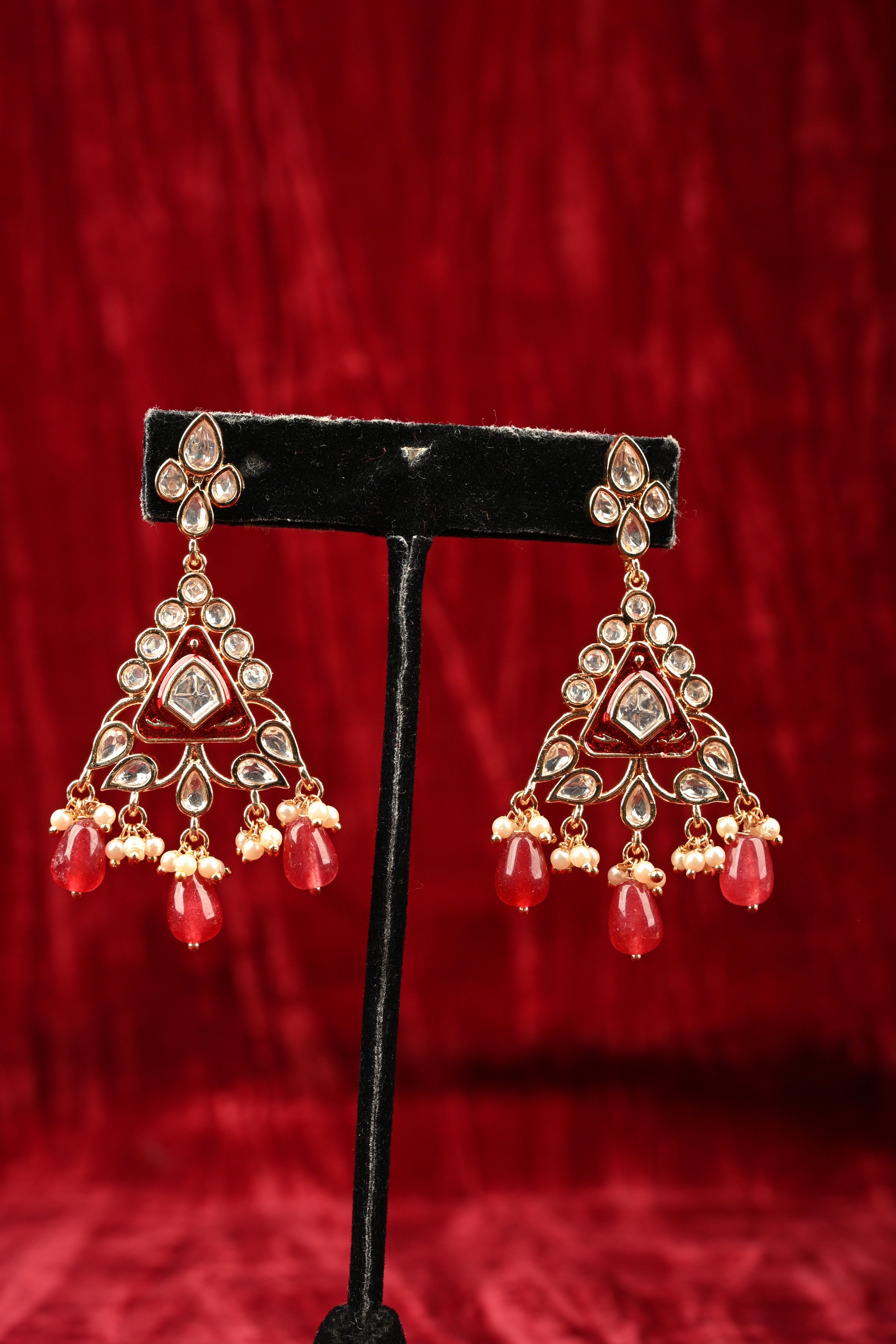 Triangular Kundan and Red Drop Earrings | Shobitam