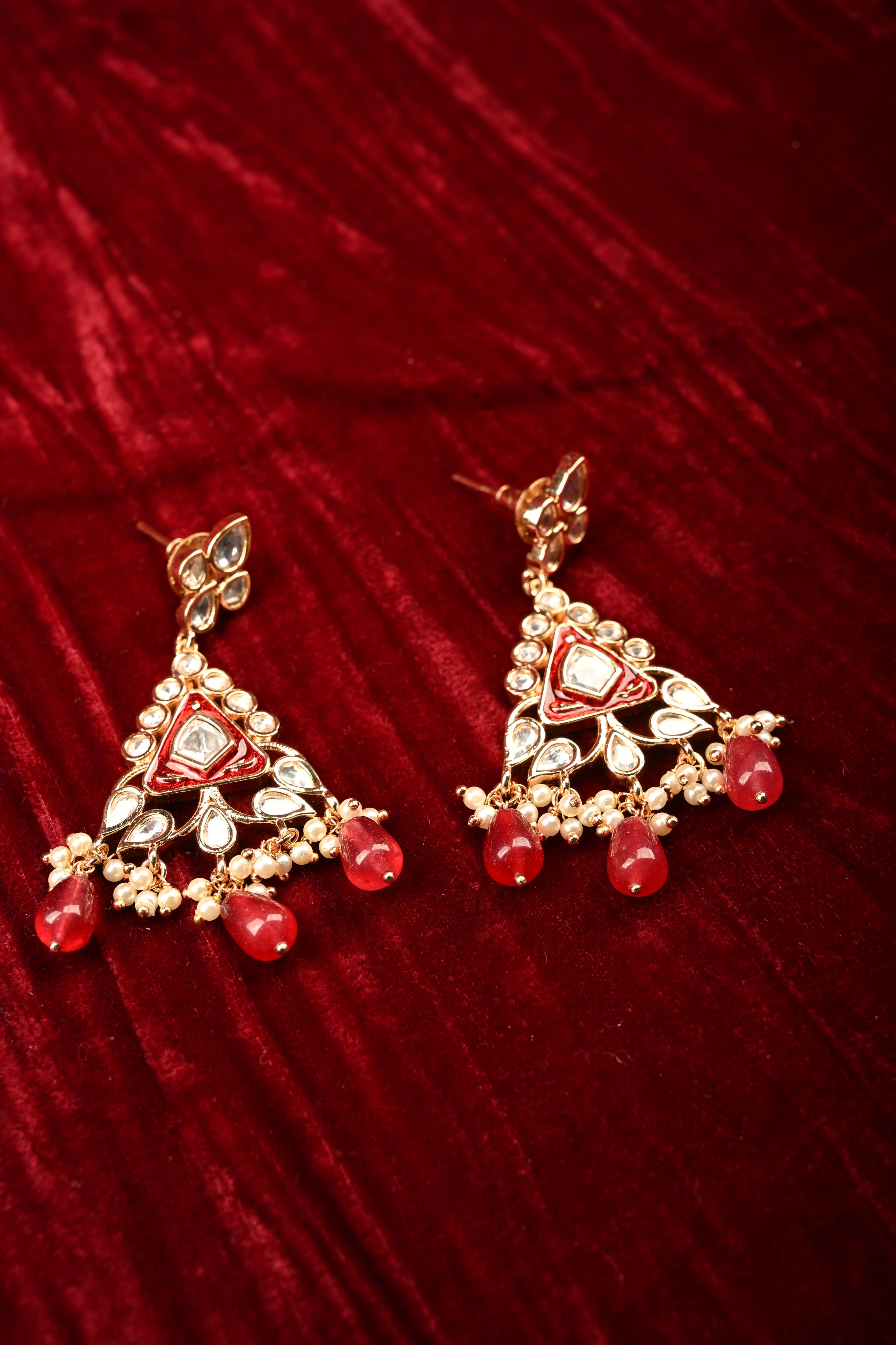 Triangular Kundan and Red Drop Earrings | Shobitam