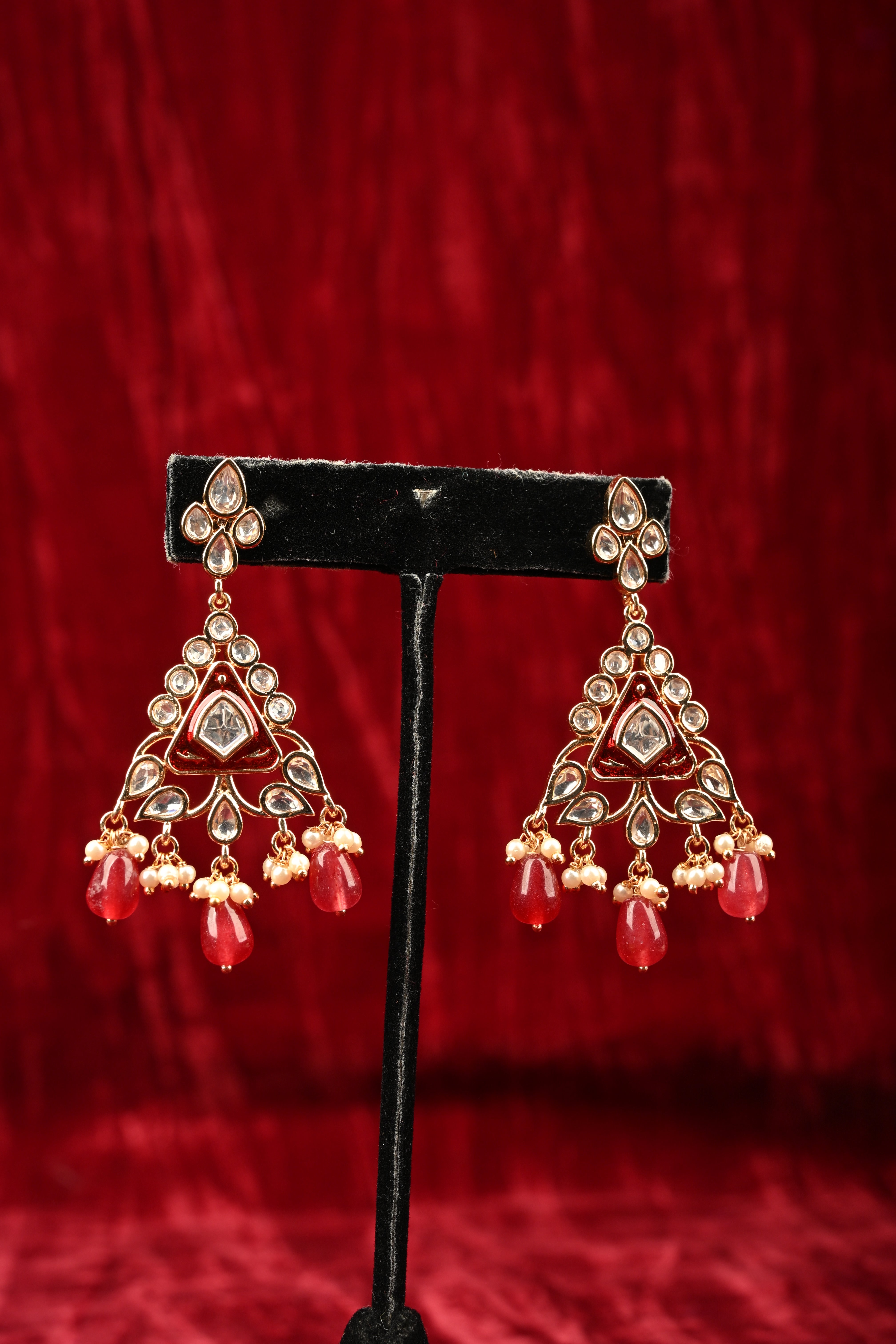 Triangular Kundan and Red Drop Earrings | Shobitam