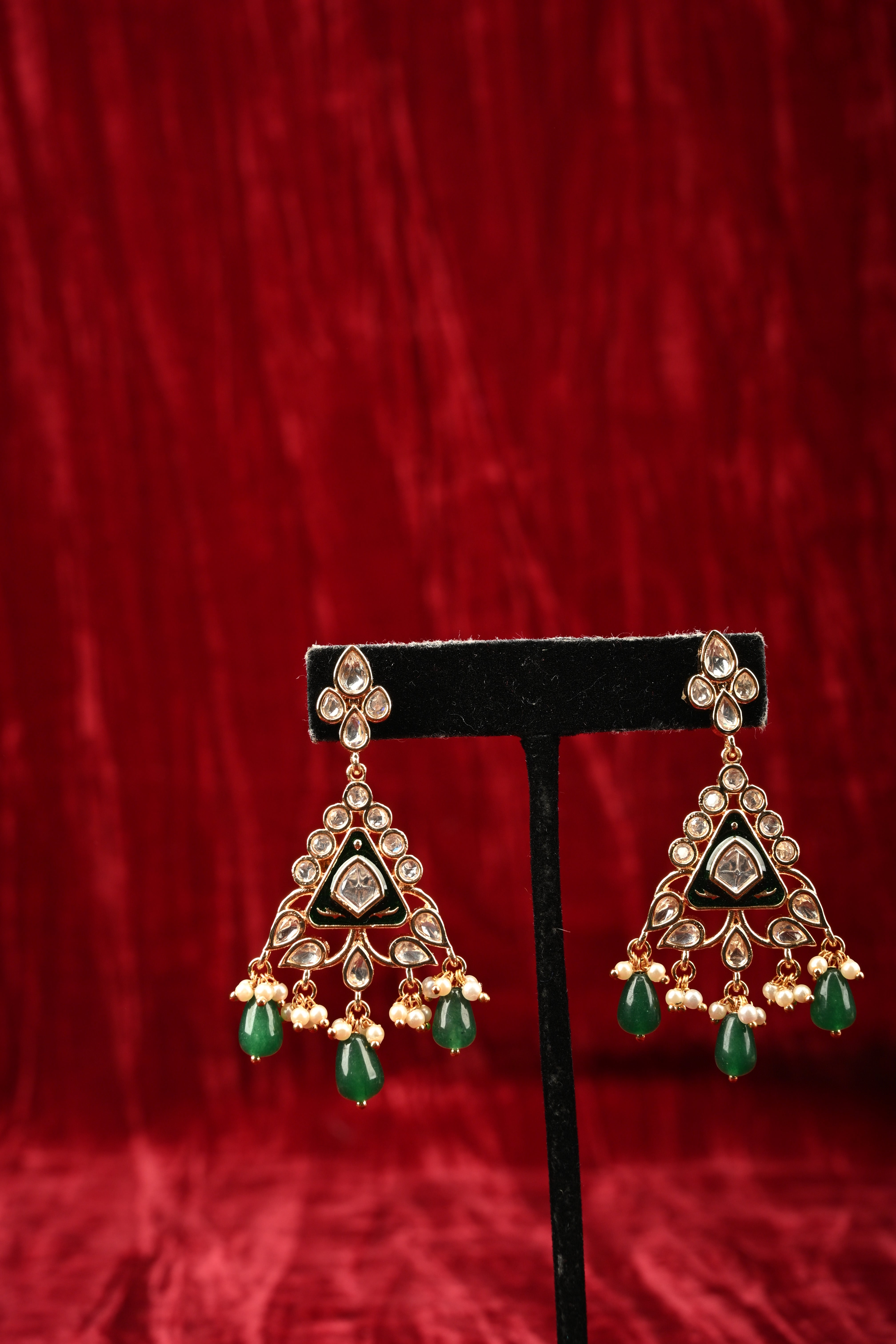Triangular Kundan and Green Drop Earrings | Shobitam