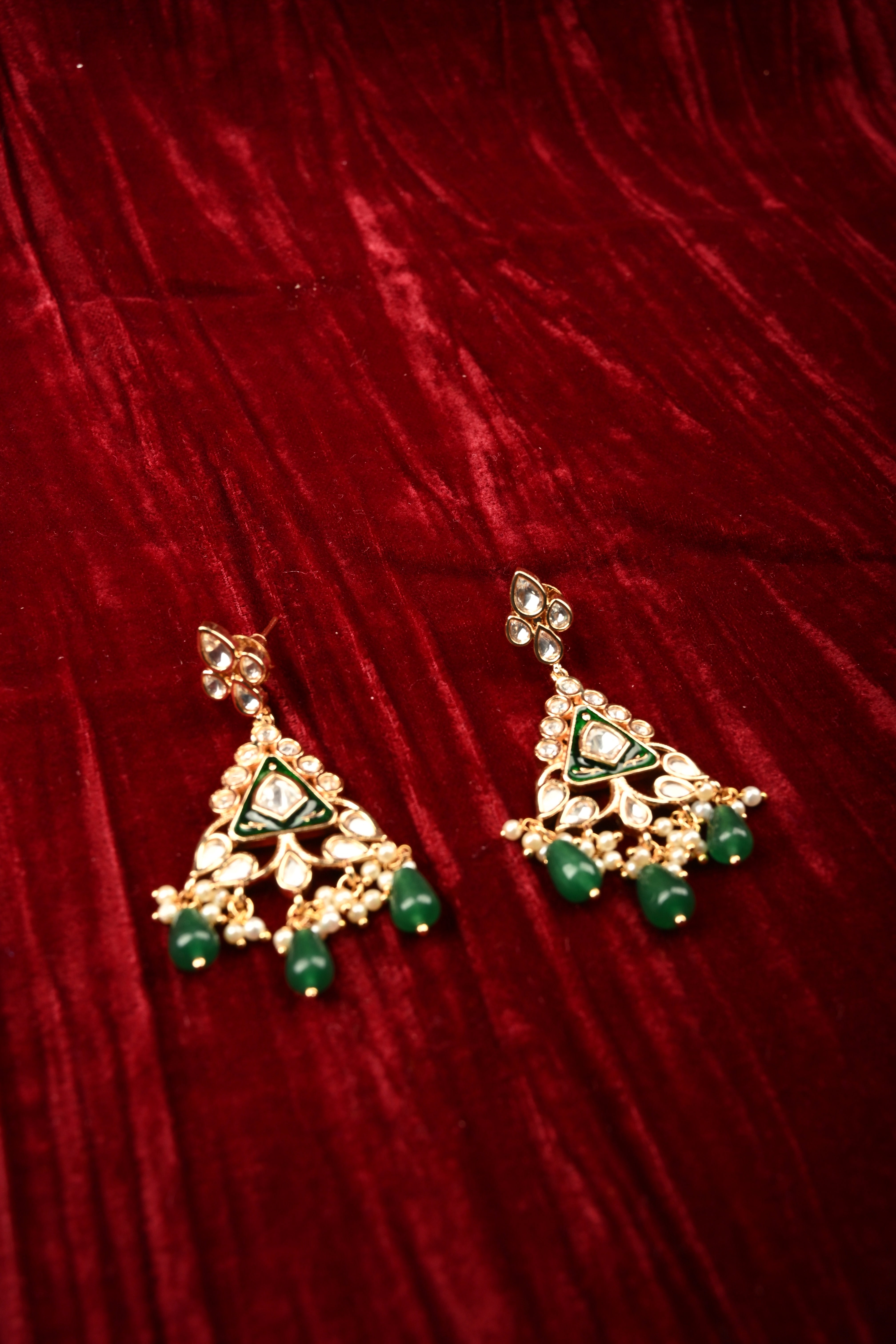 Triangular Kundan and Green Drop Earrings | Shobitam