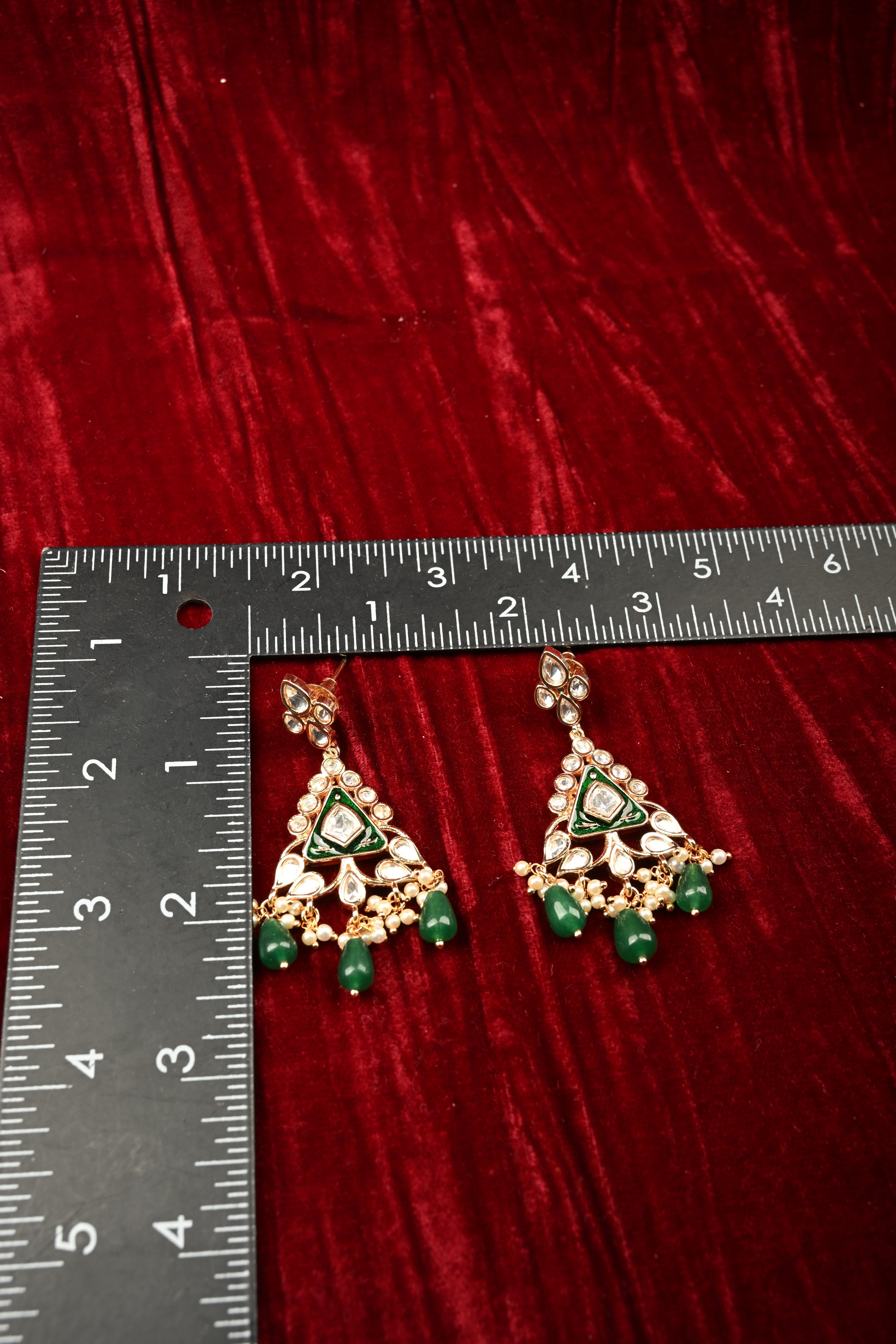Triangular Kundan and Green Drop Earrings | Shobitam