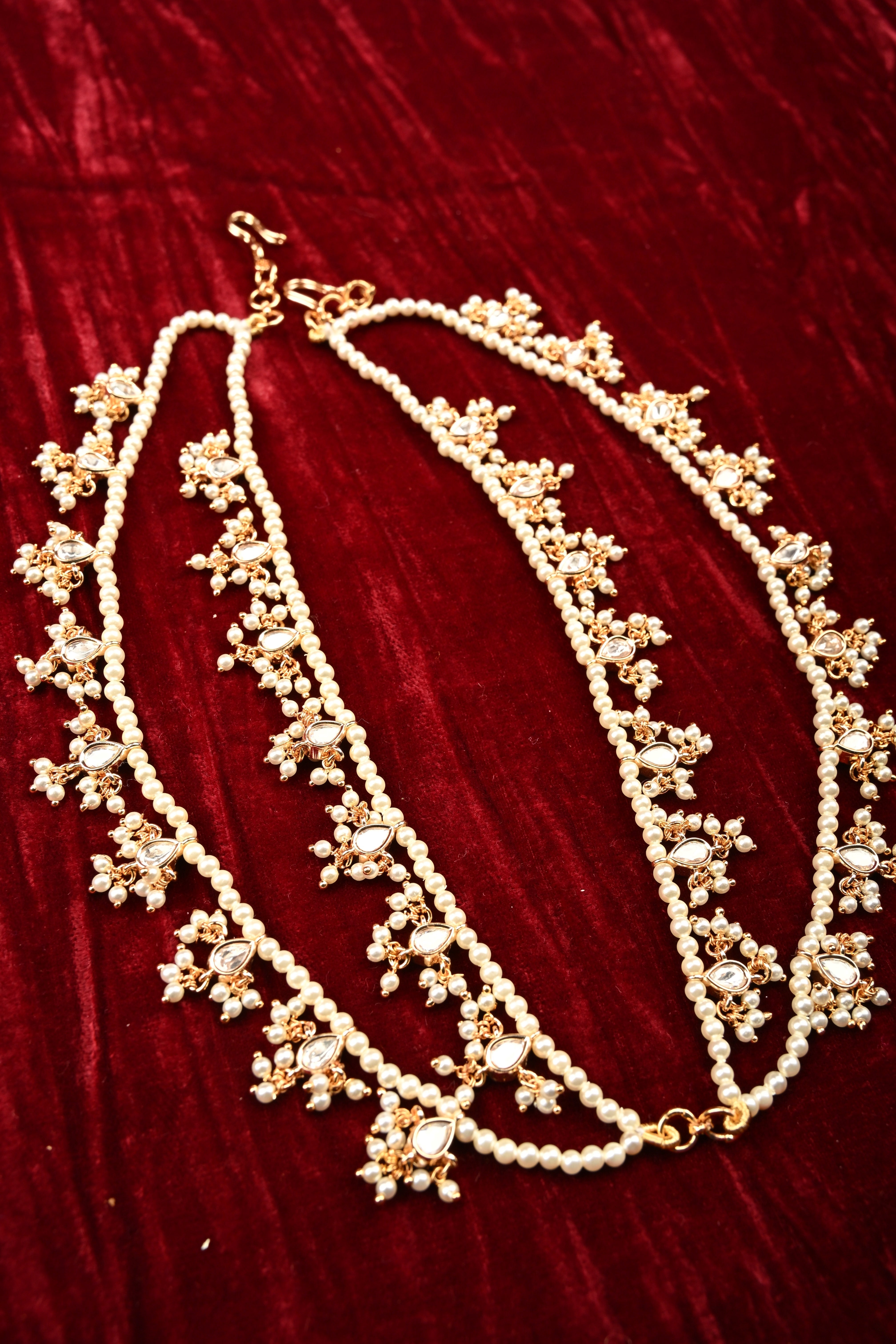 Intricate 2 Layer Pearl and Polki Ear Chain | Shobitam