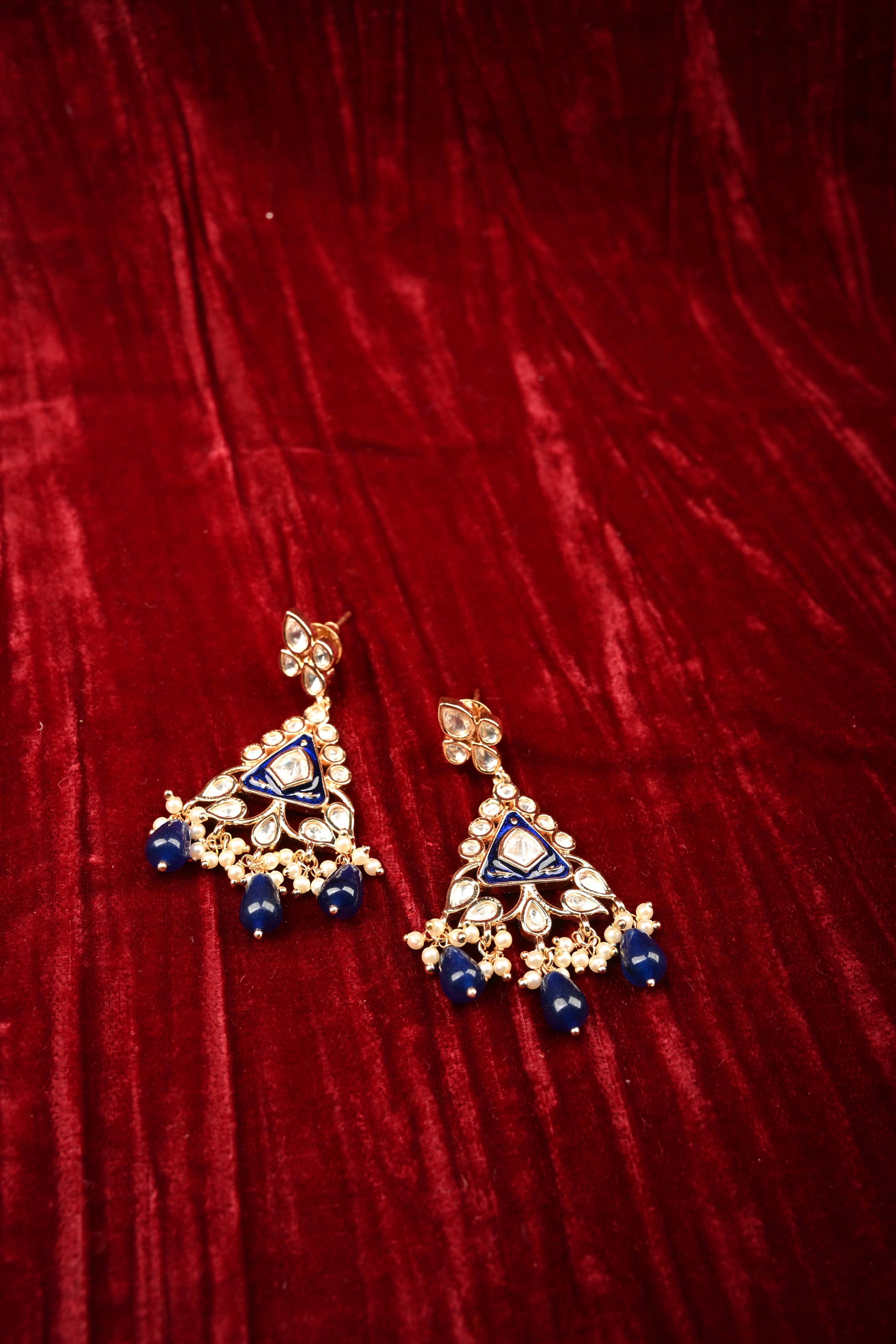 Triangular Kundan and Blue Drop Earrings | Shobitam