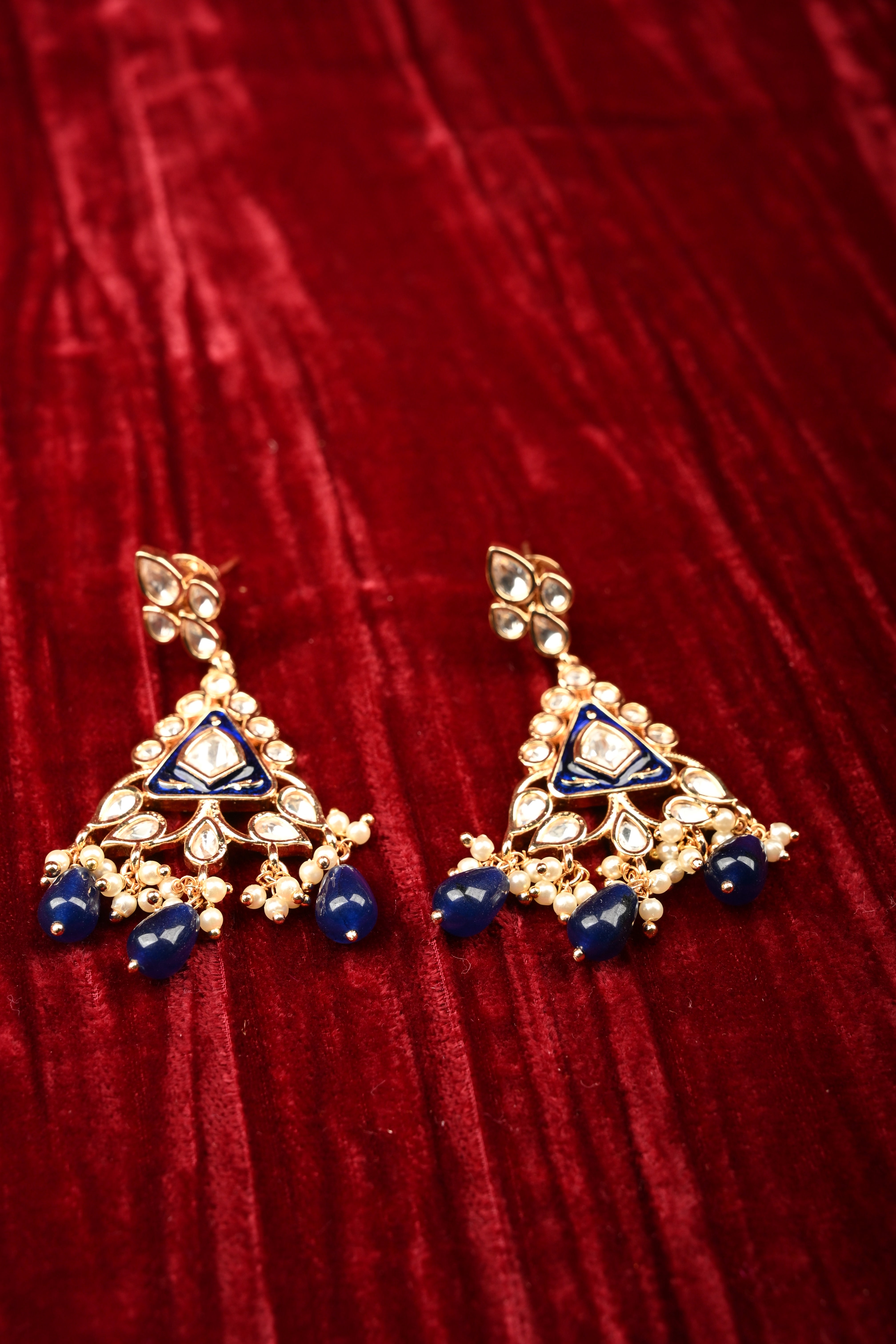 Triangular Kundan and Blue Drop Earrings | Shobitam