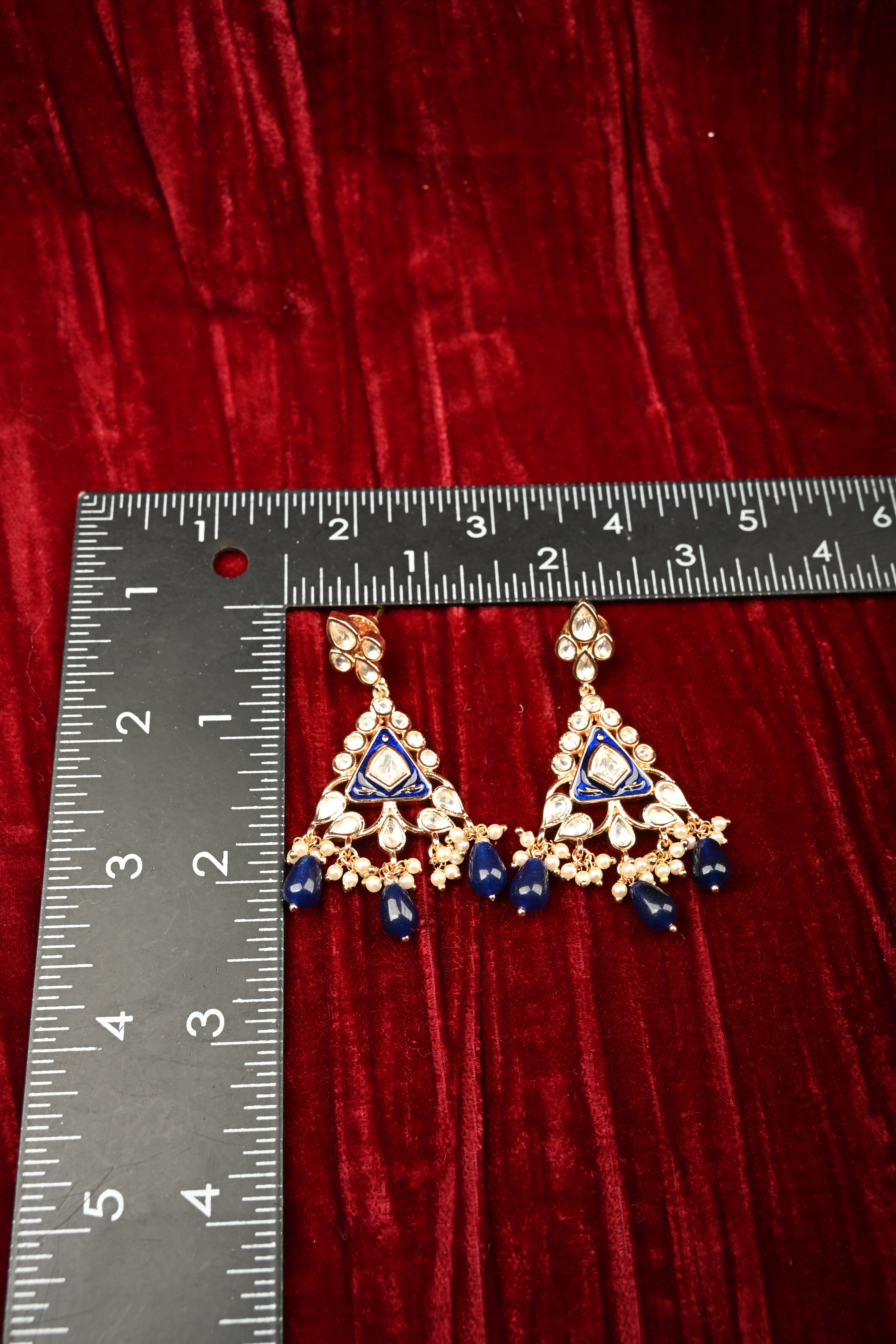 Triangular Kundan and Blue Drop Earrings | Shobitam
