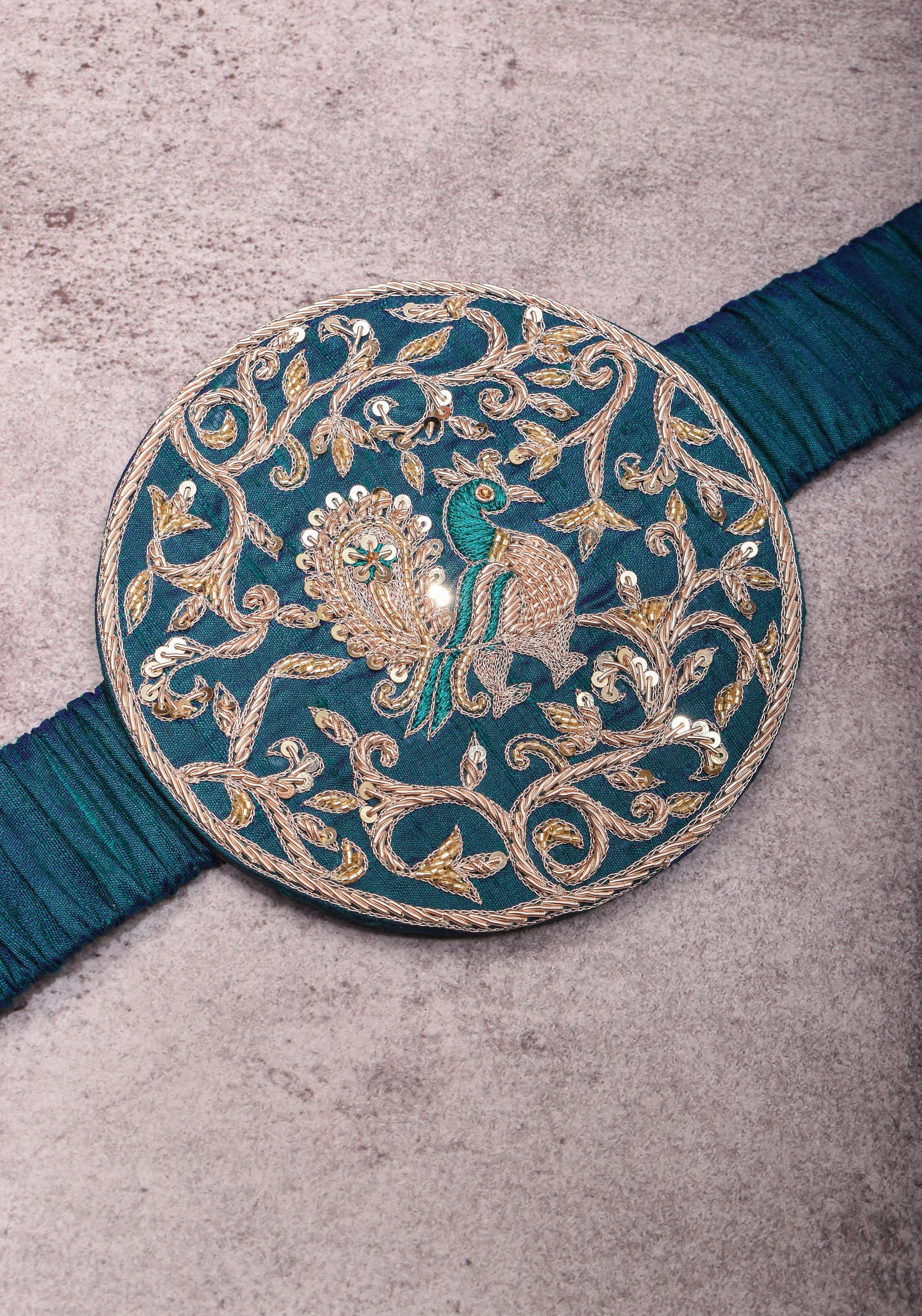 Exquisite 5" Hand Zardosi Peacock in Mandala Prominent Waist belt in Pure raw silk | Made to Order | Shobitam