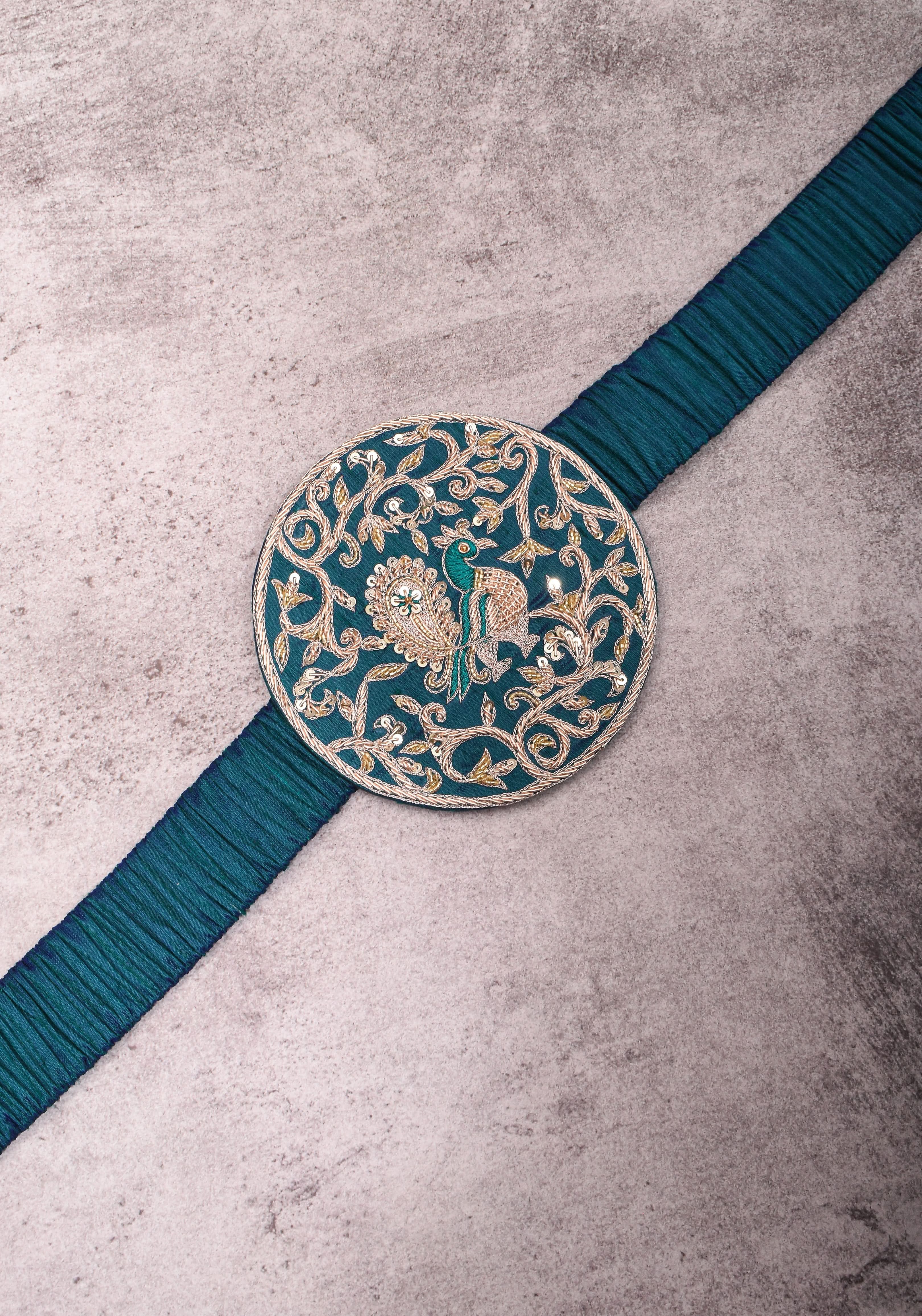 Exquisite 5" Hand Zardosi Peacock in Mandala Prominent Waist belt in Pure raw silk | Made to Order | Shobitam