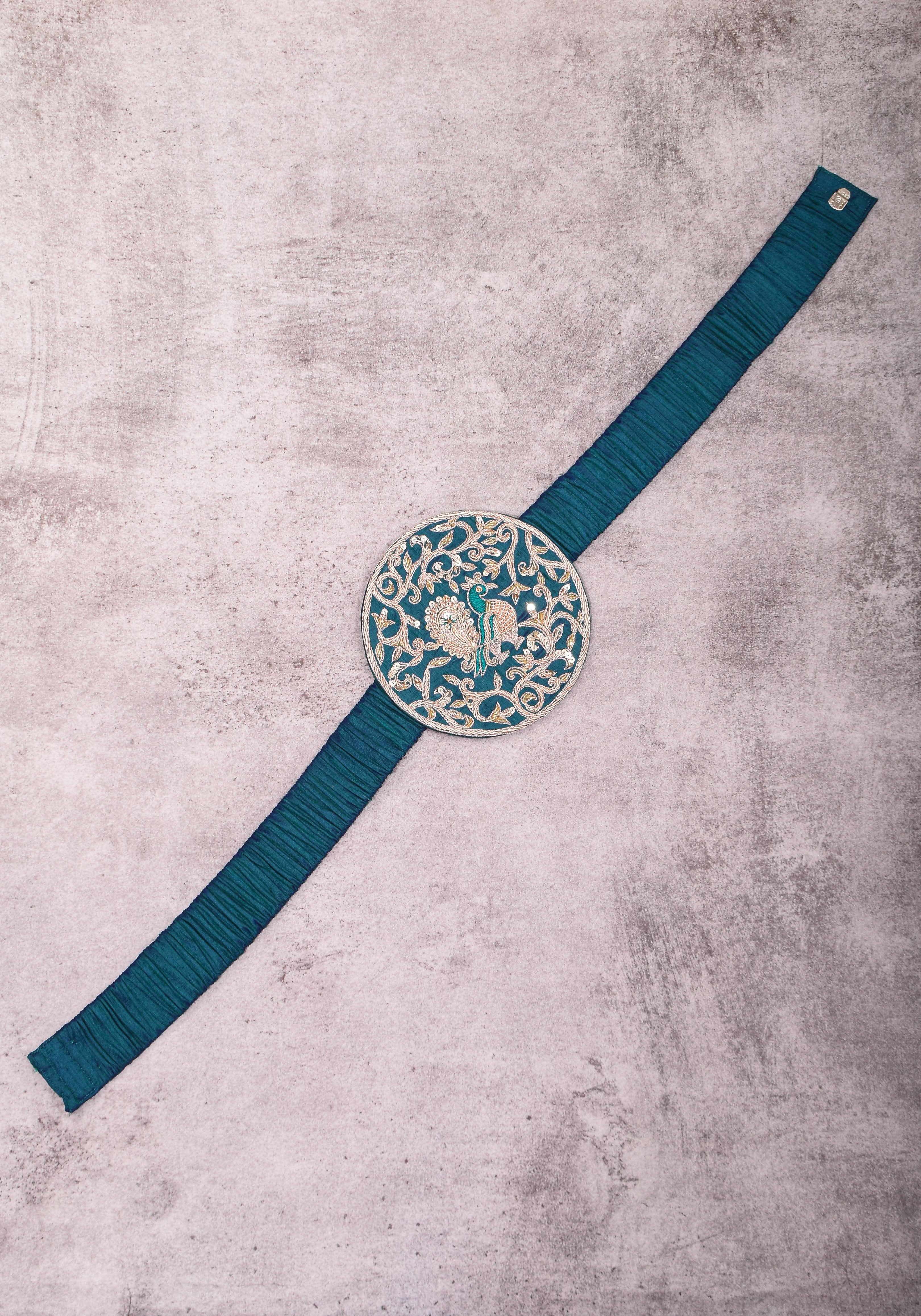 Exquisite 5" Hand Zardosi Peacock in Mandala Prominent Waist belt in Pure raw silk | Made to Order | Shobitam