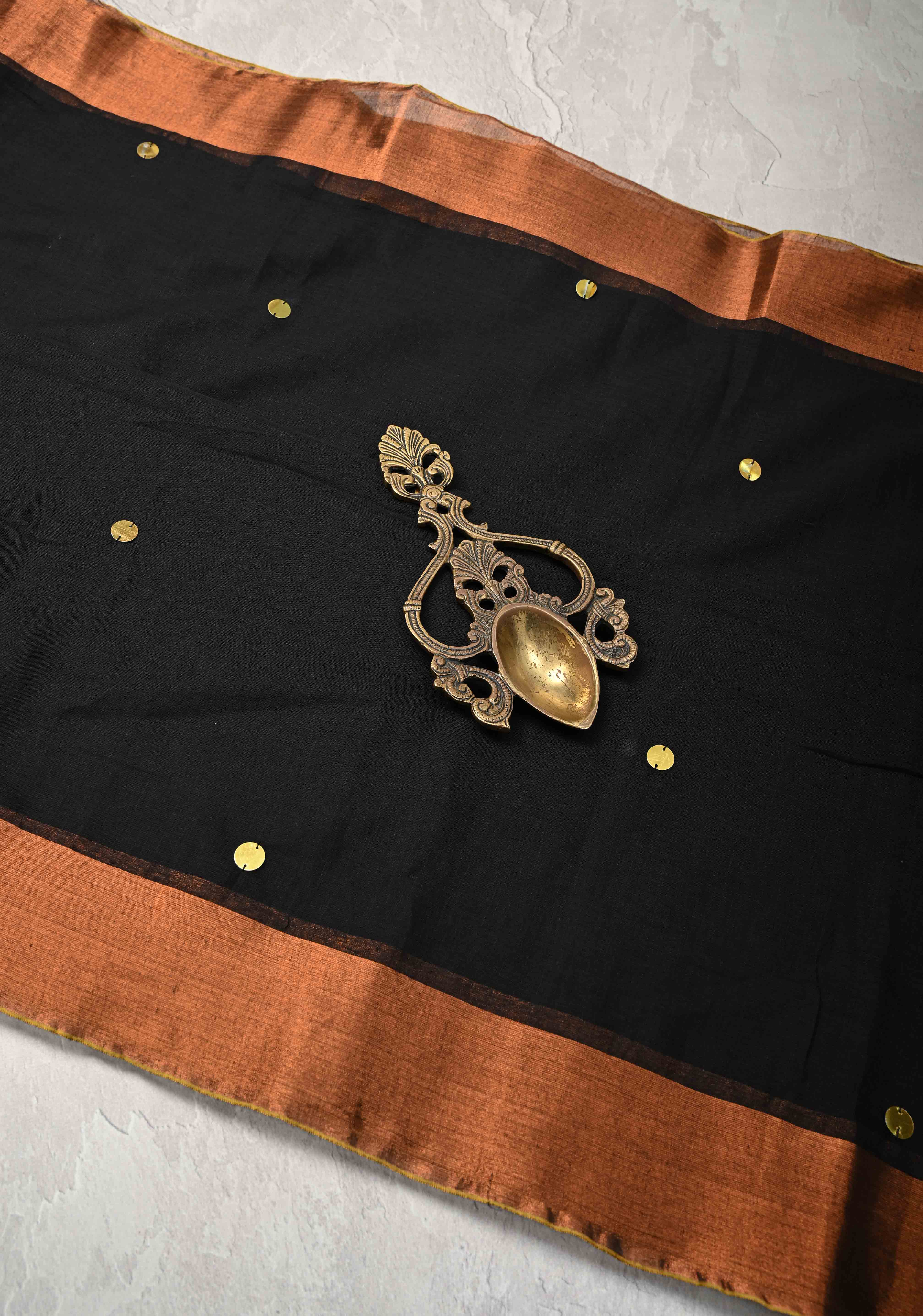 Black Bengal Cotton saree in With Tikki work and Long Tassels | Shobitam
