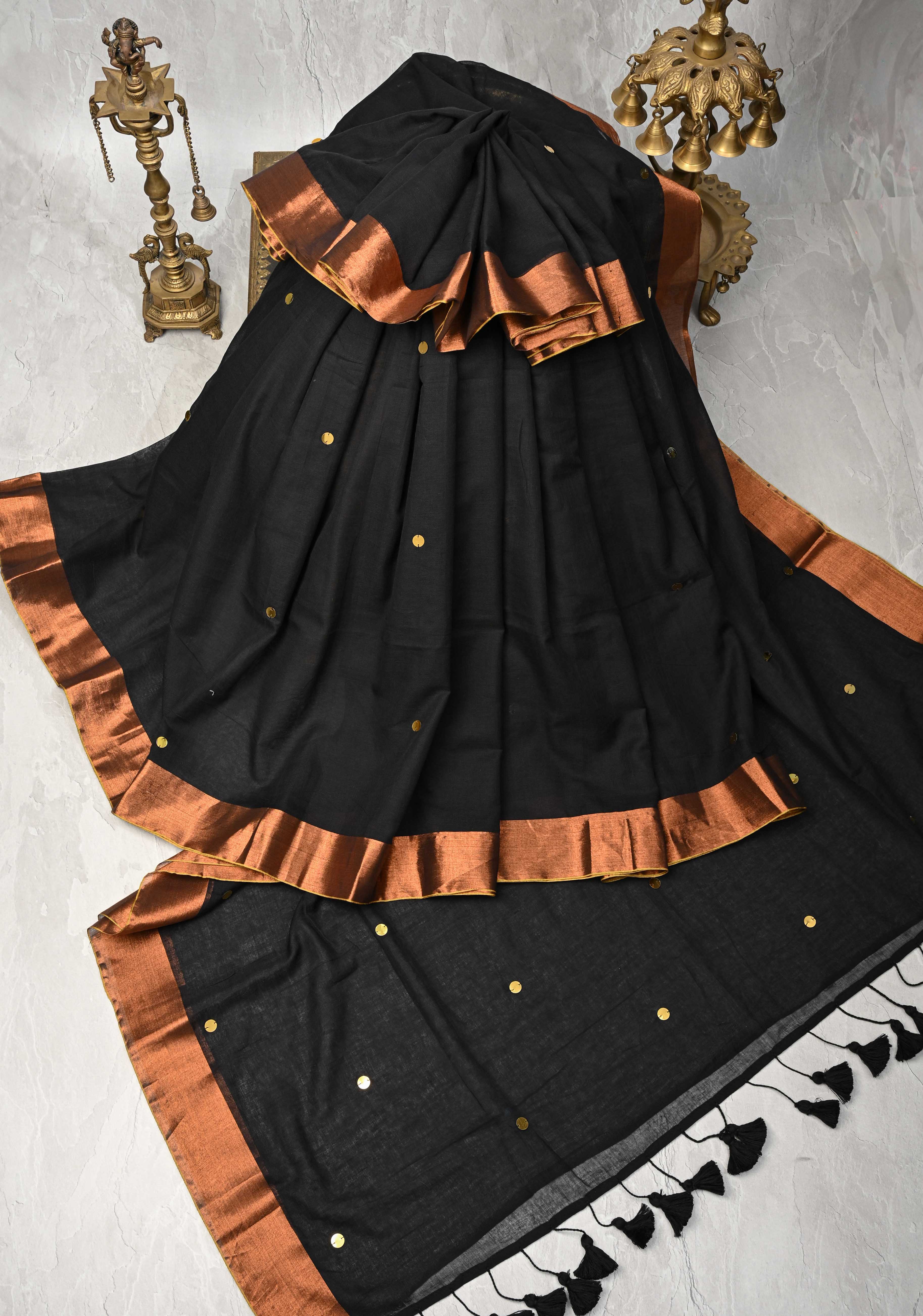 Black Bengal Cotton saree in With Tikki work and Long Tassels | Shobitam