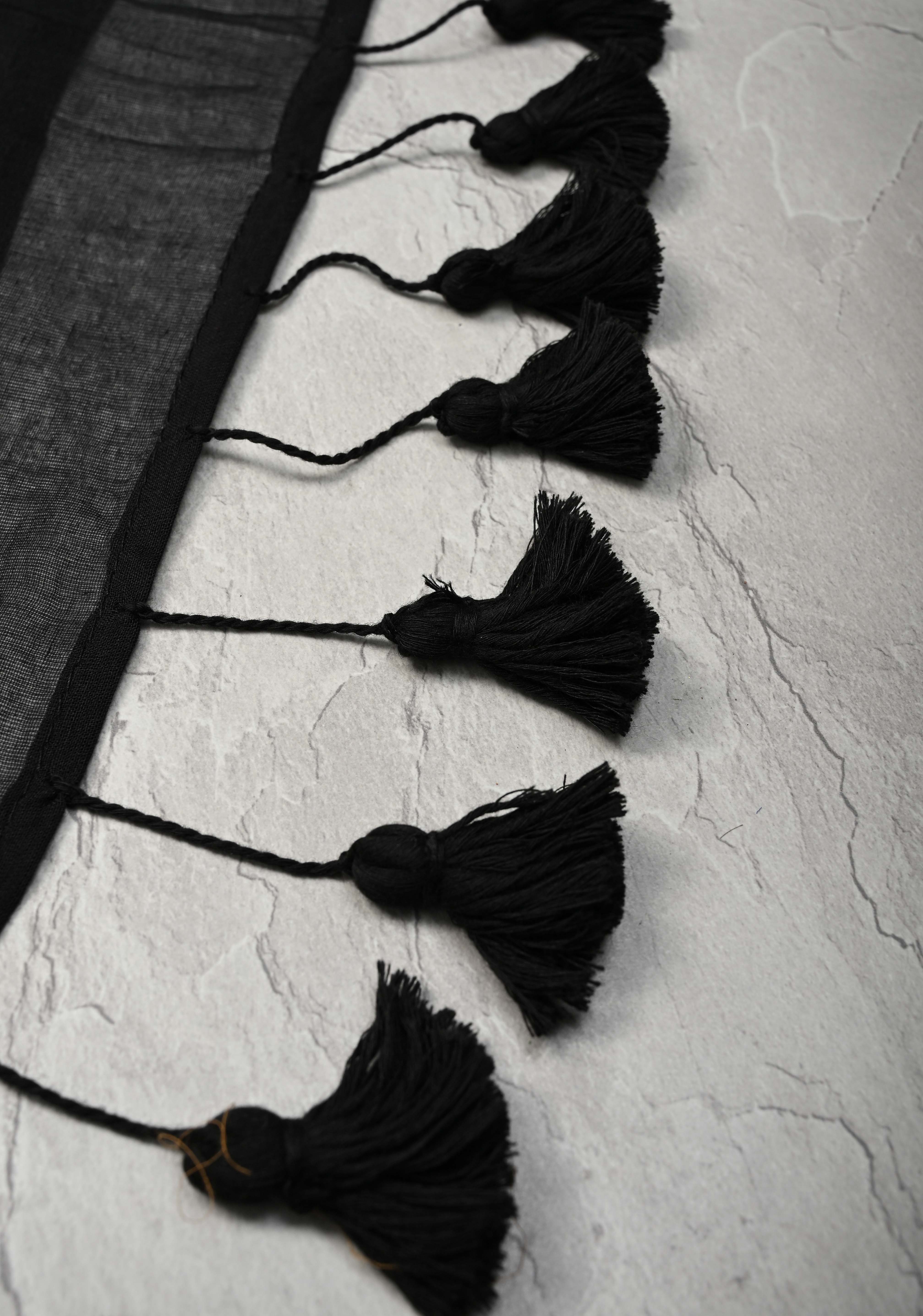 Black Bengal Cotton saree in With Tikki work and Long Tassels | Shobitam