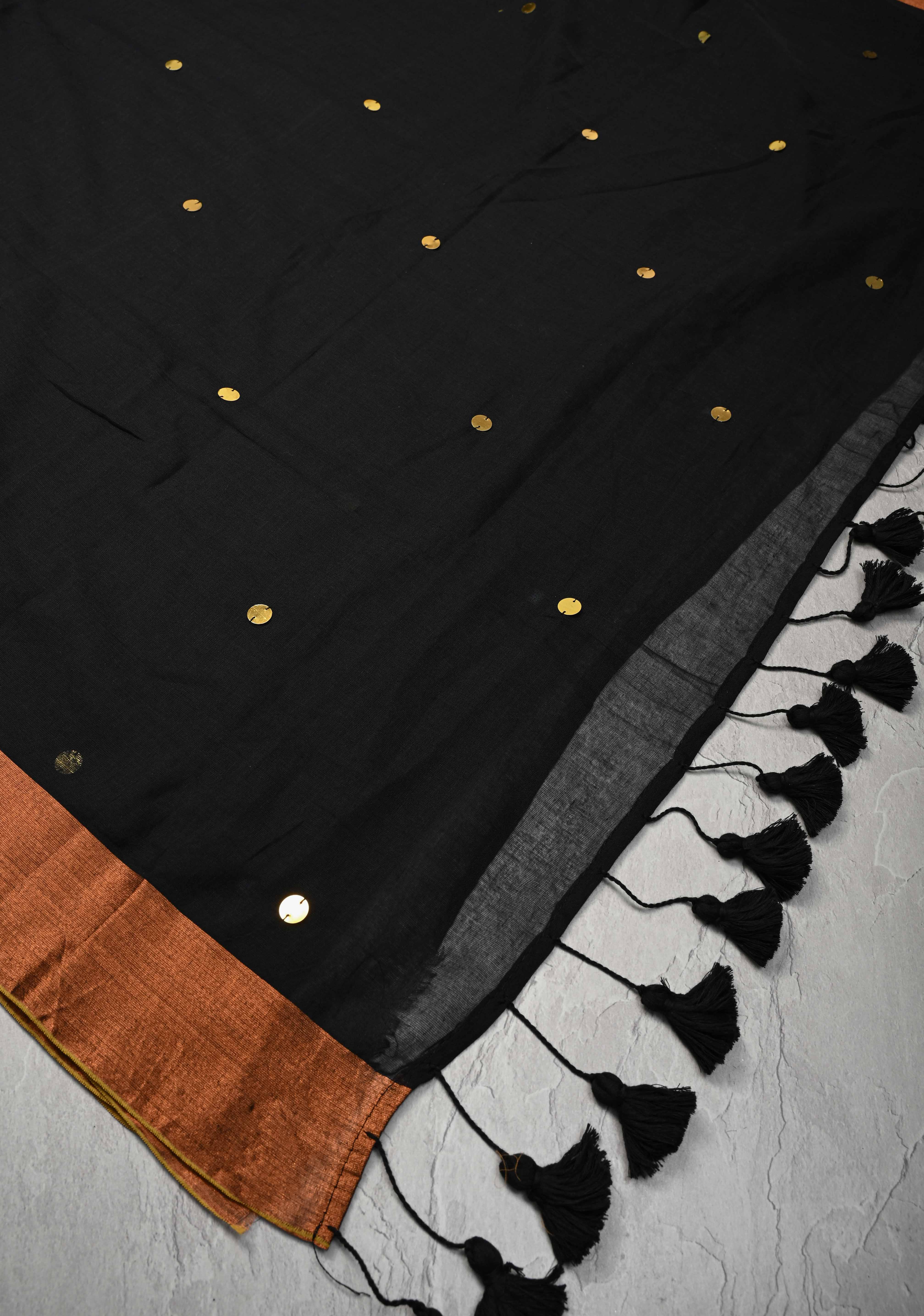 Black Bengal Cotton saree in With Tikki work and Long Tassels | Shobitam