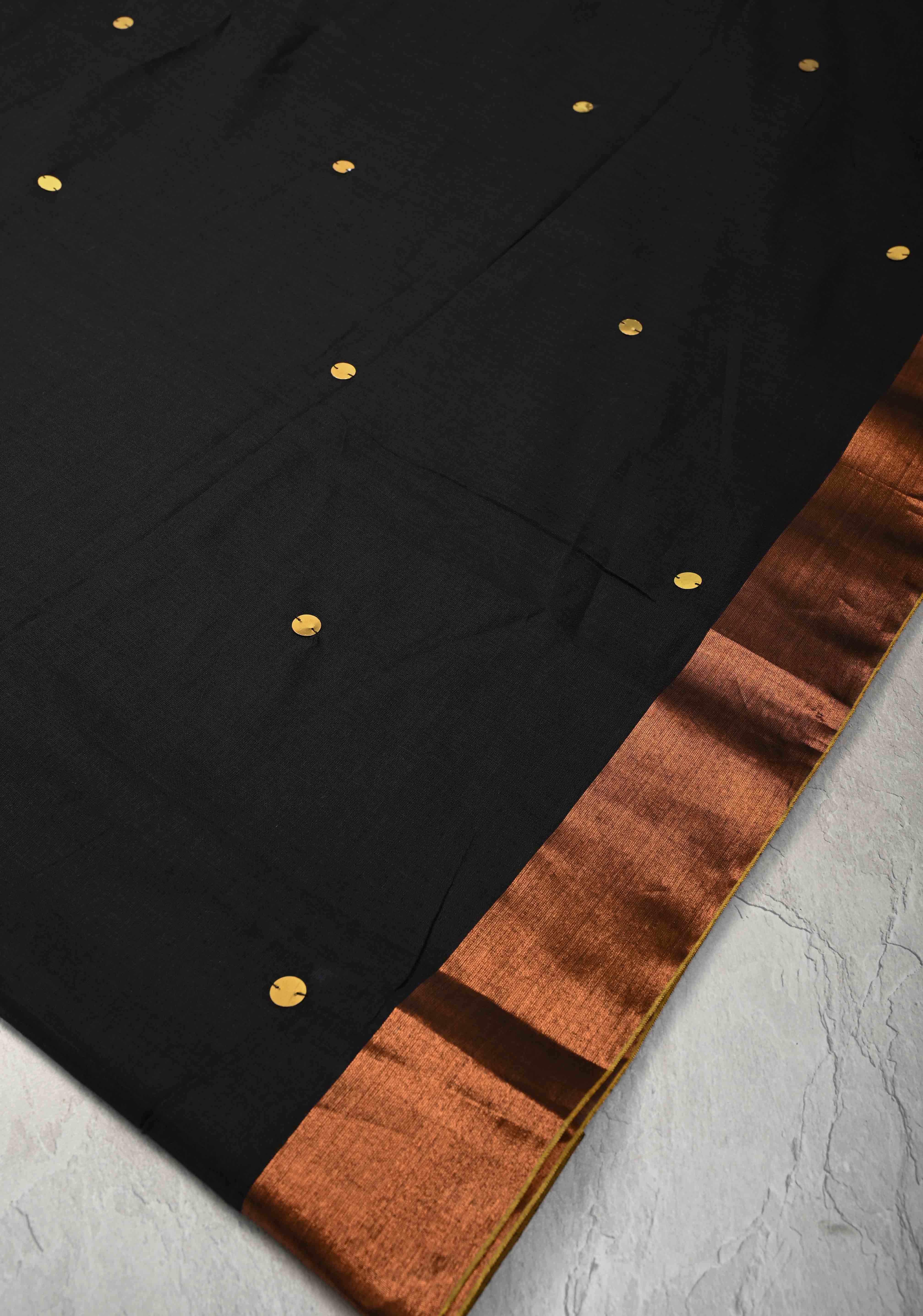 Black Bengal Cotton saree in With Tikki work and Long Tassels | Shobitam